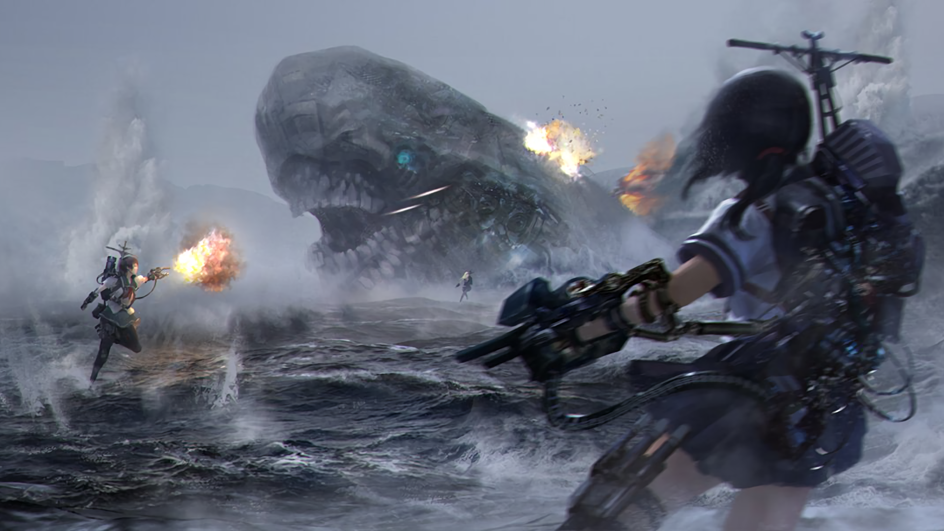 Yuudachi from Kancolle fighting a giant whale HD Wallpaper