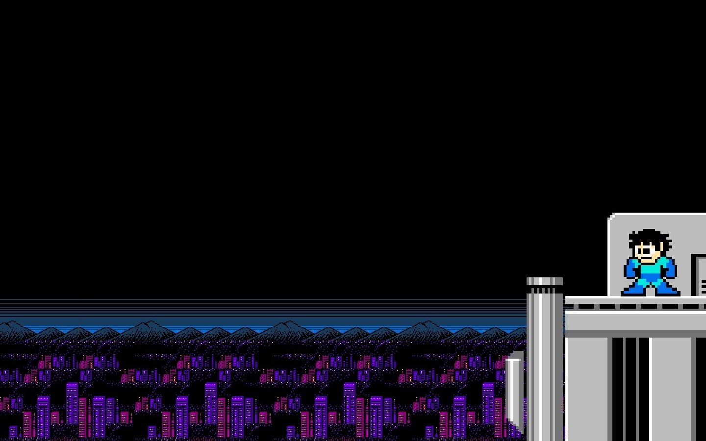Mega Man standing on a platform overlooking a city HD Wallpaper