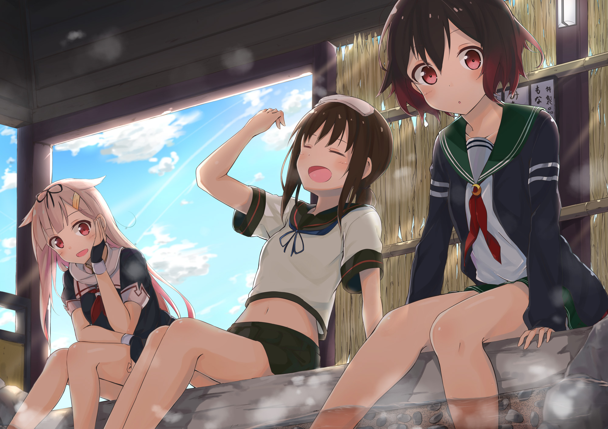Yuudachi from Kancolle in a hot spring HD Wallpaper
