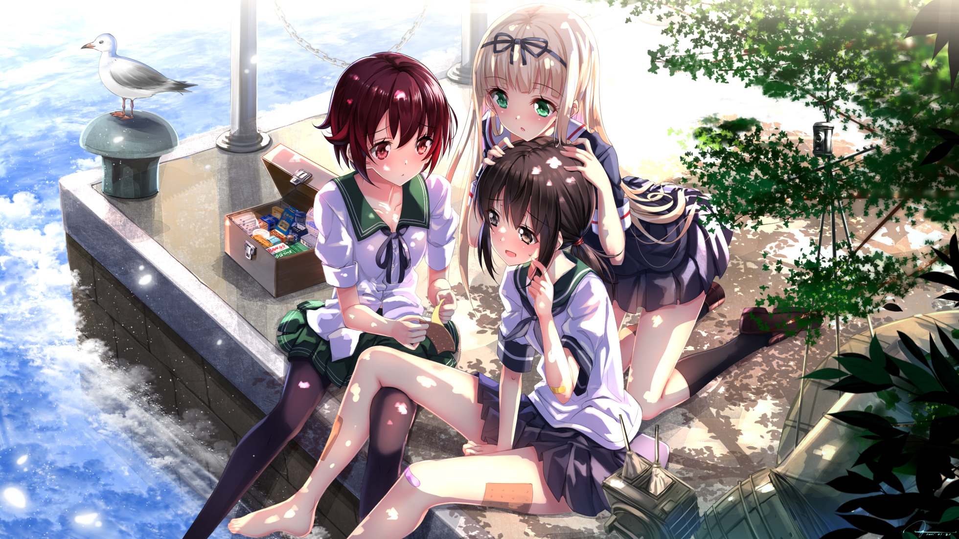 Yuudachi from Kancolle with friends on a pier HD Wallpaper