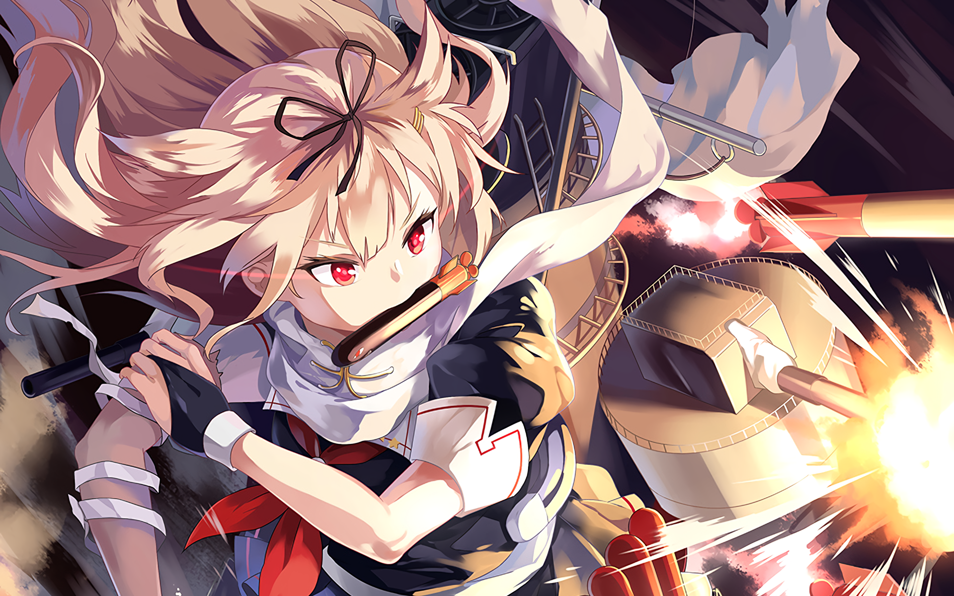 Yuudachi from Kancolle firing cannons HD Wallpaper