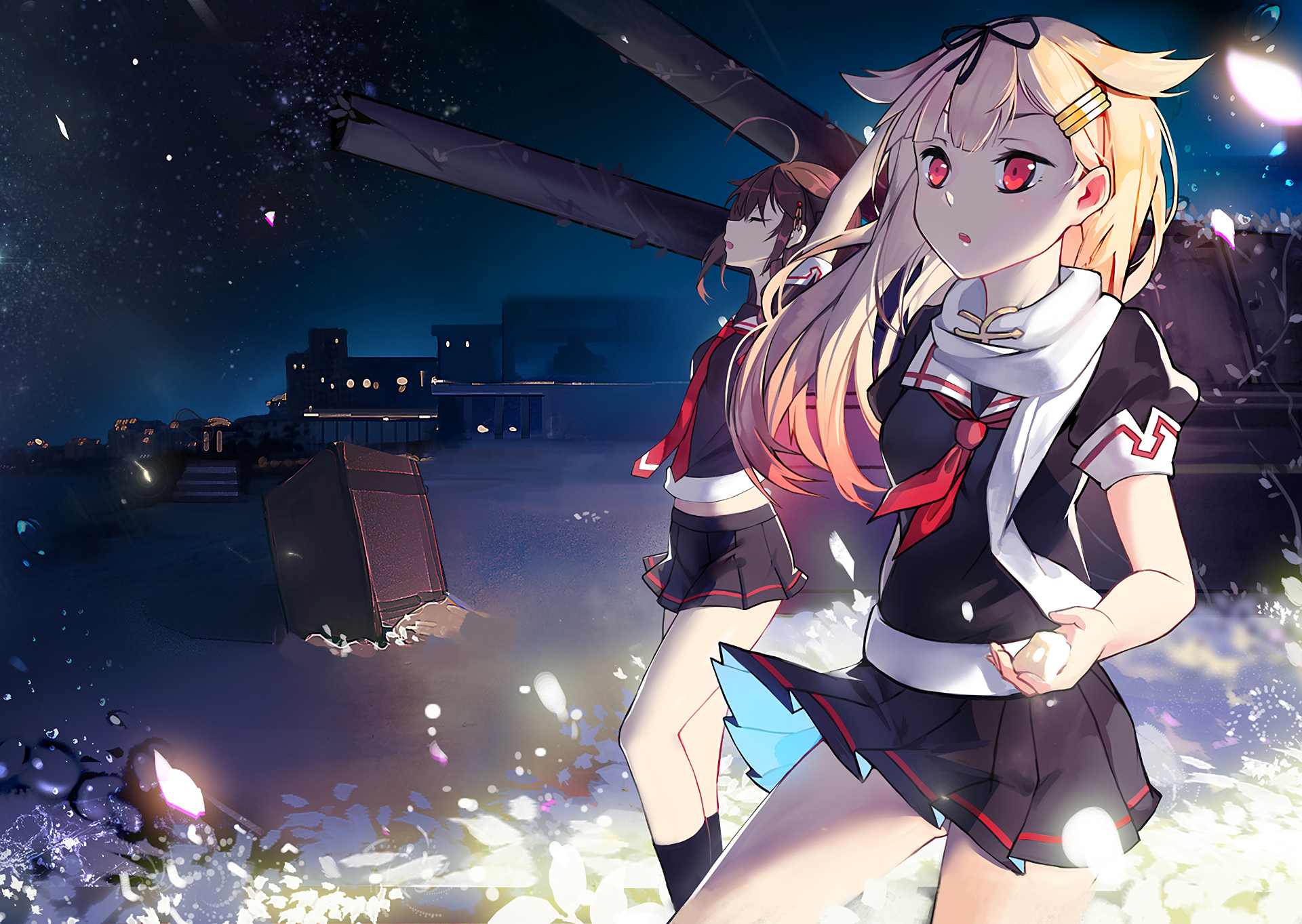 Yuudachi from Kancolle standing on a beach at night HD Wallpaper