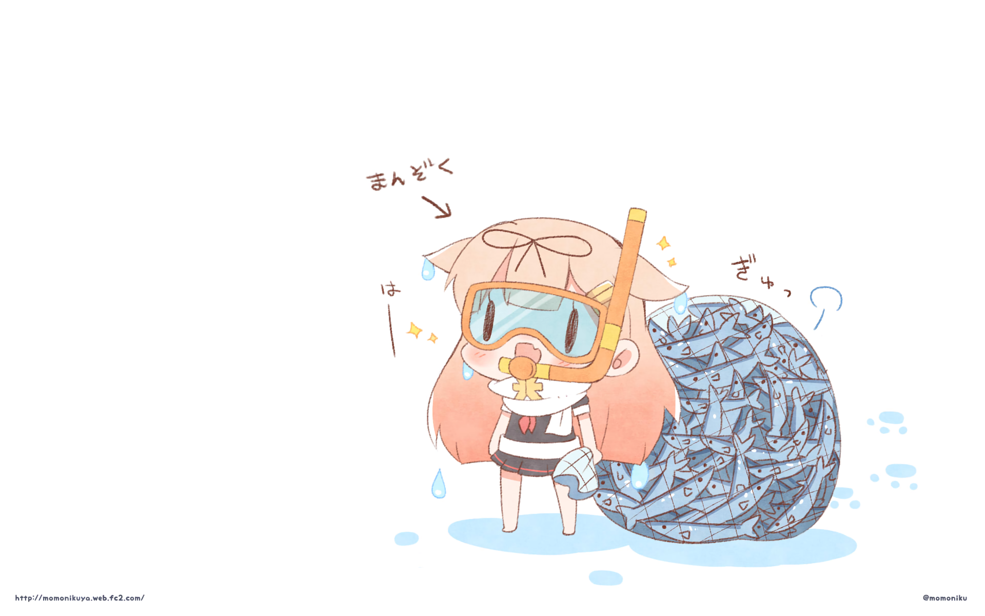 Yuudachi from Kancolle with a net full of fish HD Wallpaper