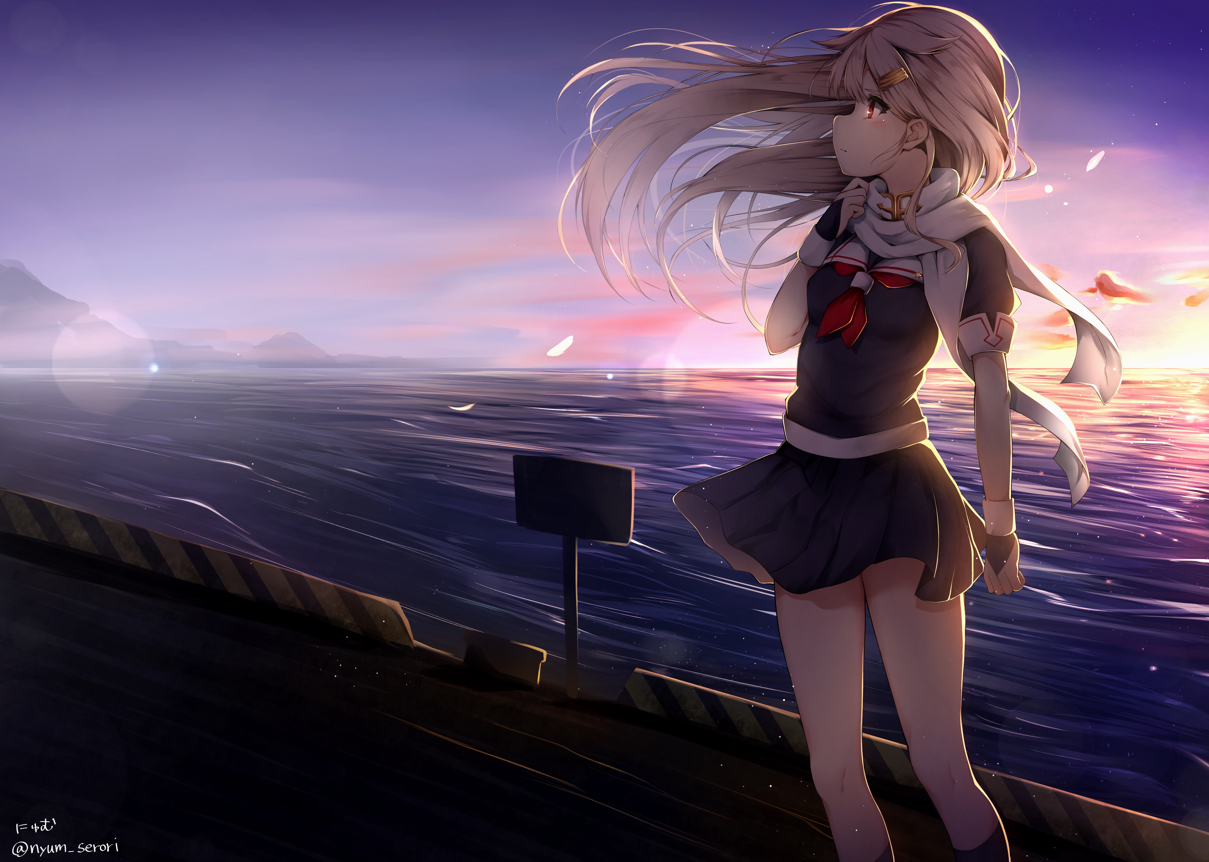 Yuudachi from Kancolle by the sea at sunset HD Wallpaper