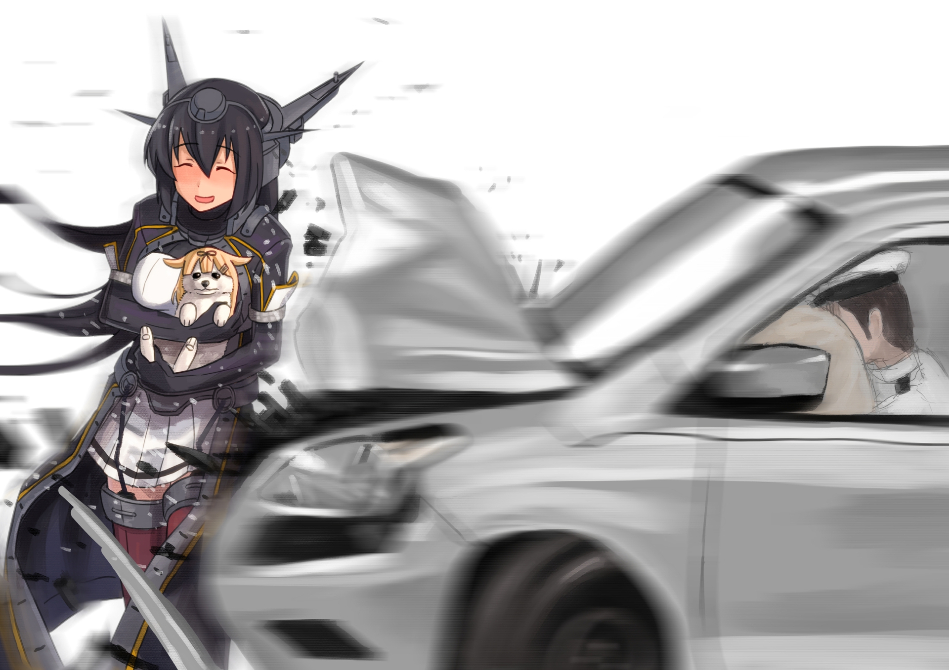 Yuudachi from Kancolle holding a dog near a crashed car HD Wallpaper