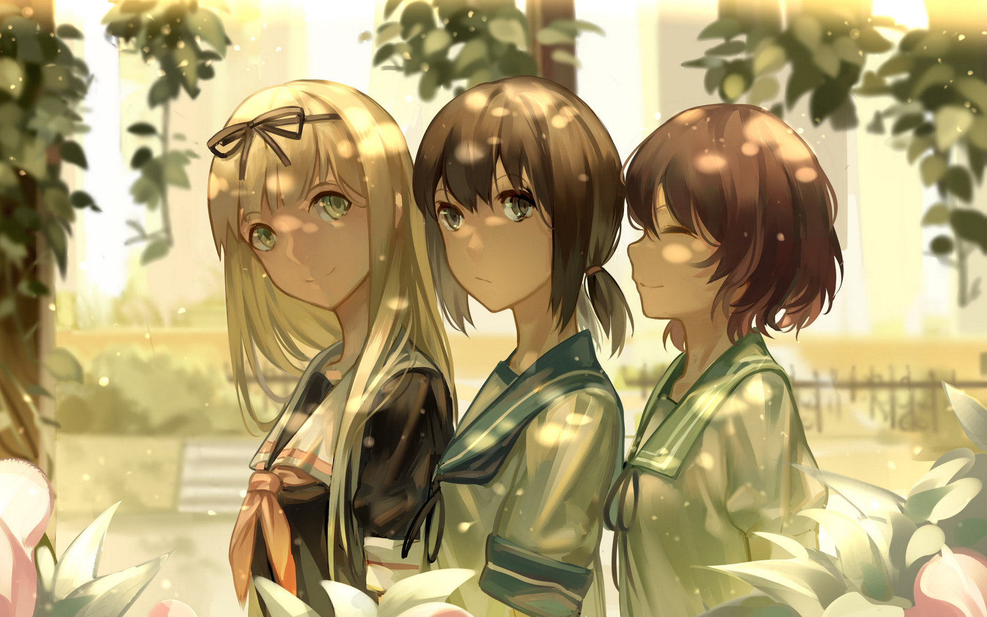 Three anime girls in school uniforms HD Wallpaper