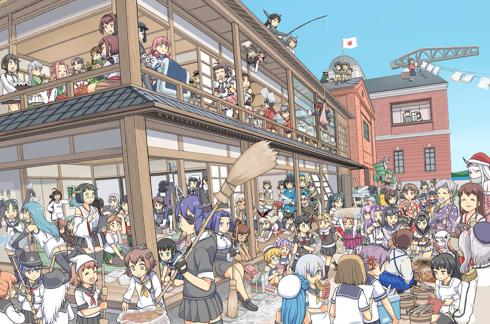 Yuudachi from Kantai Collection in a busy port town HD Wallpaper