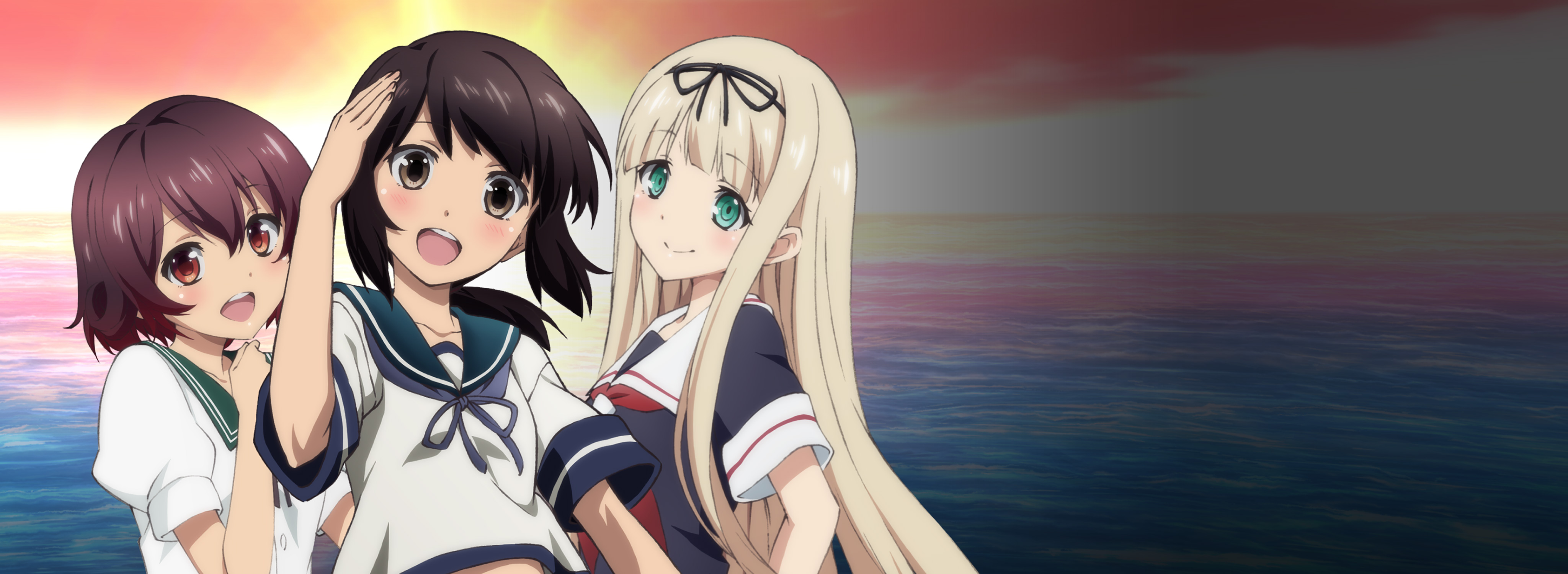 Yuudachi from Kancolle with friends at sunset HD Wallpaper