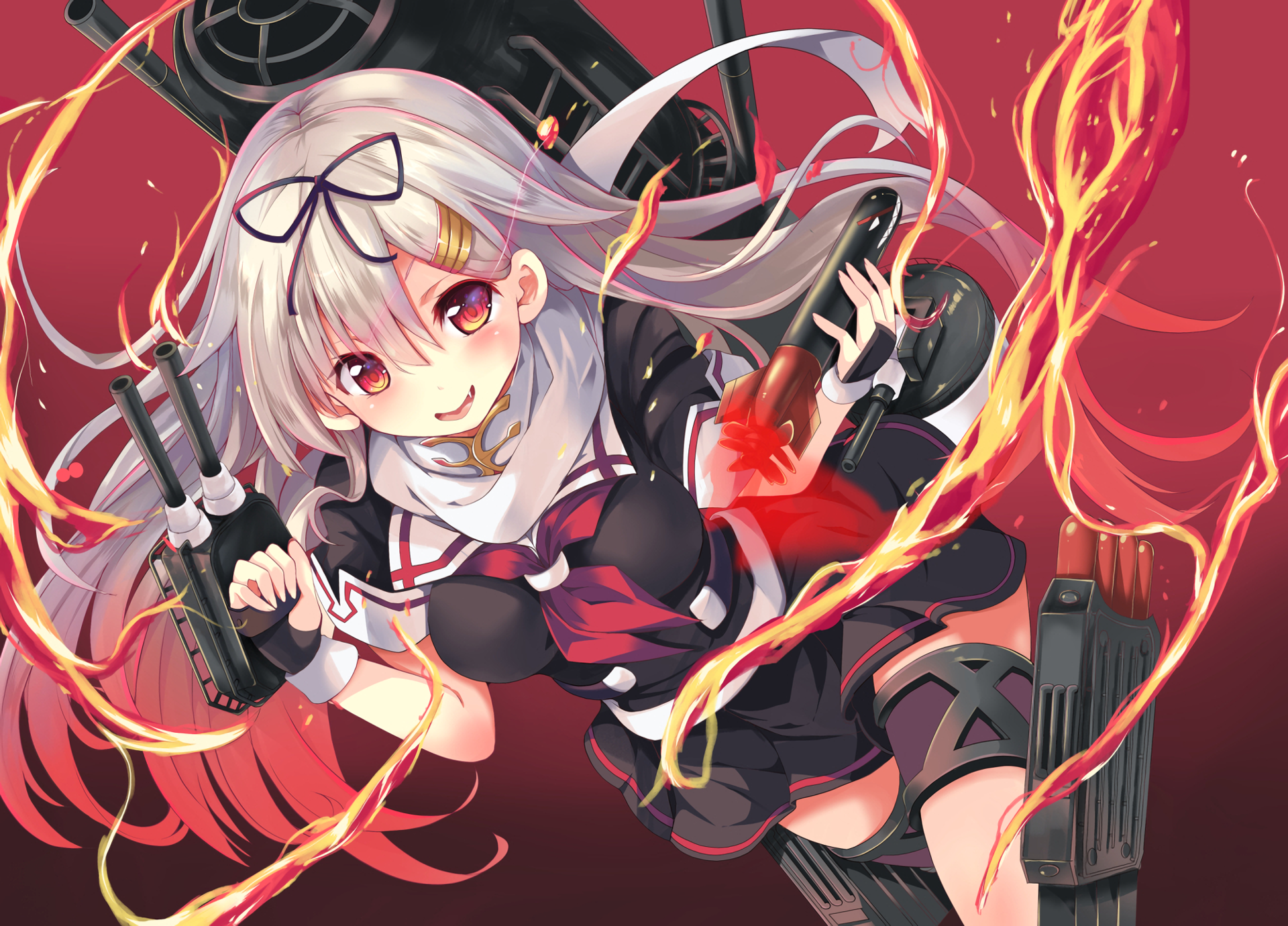 Yuudachi from Kancolle with guns and fire HD Wallpaper