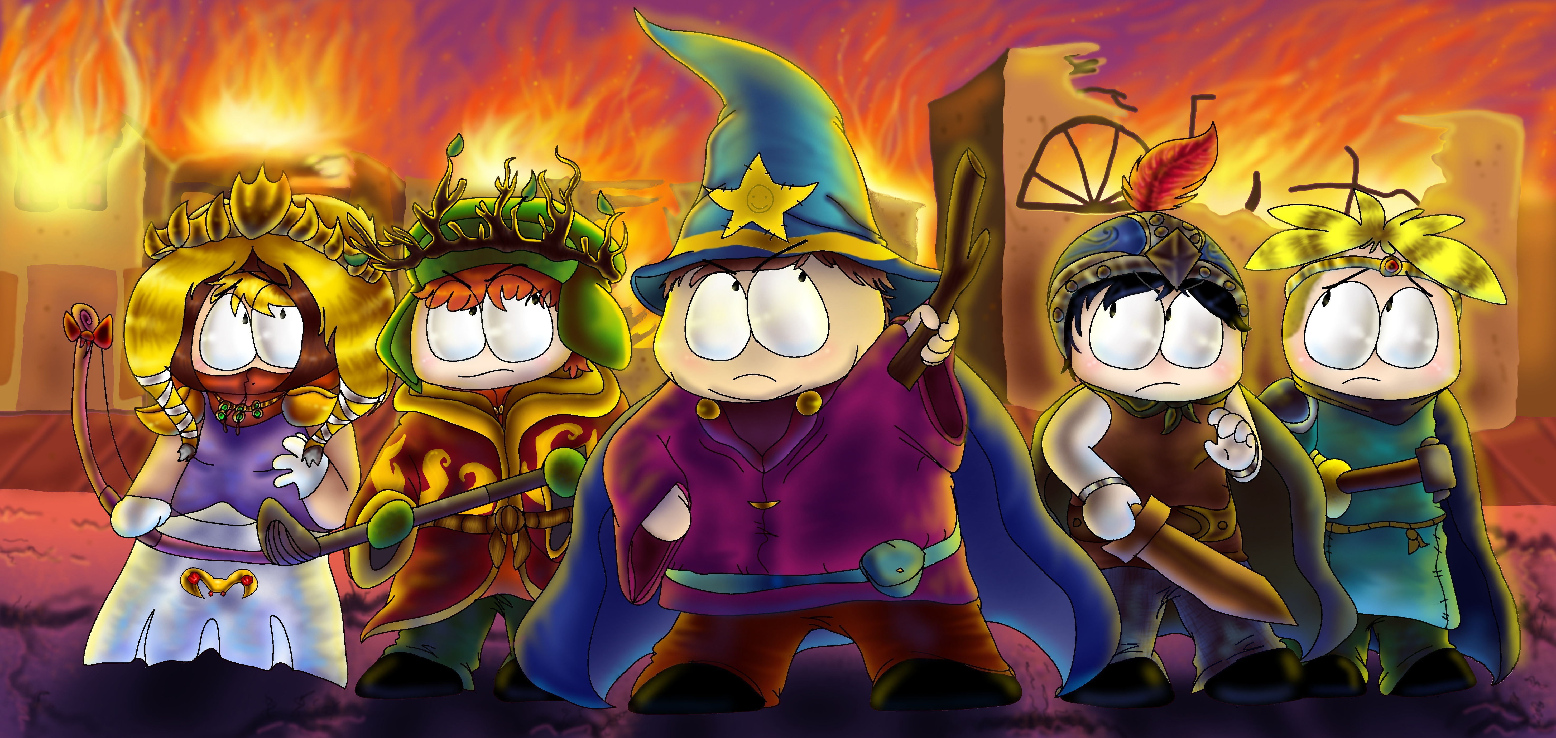 South Park characters in fantasy armor with burning city background HD Wallpaper