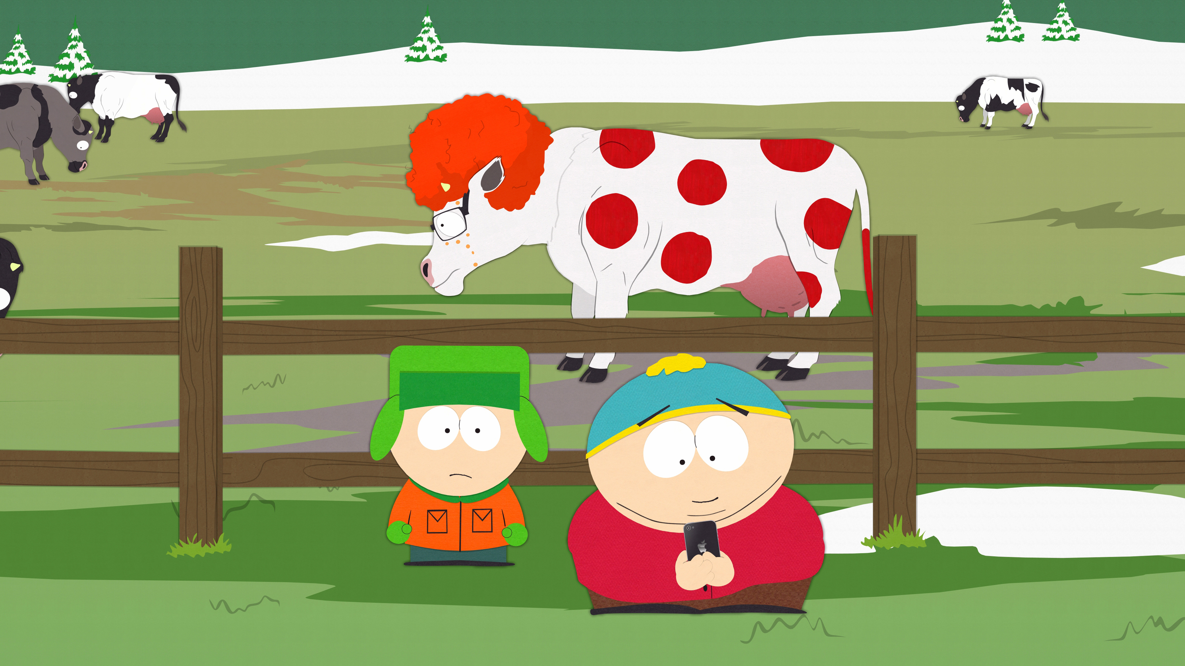 Eric Cartman and Kyle Broflovski on a farm with cows HD Wallpaper