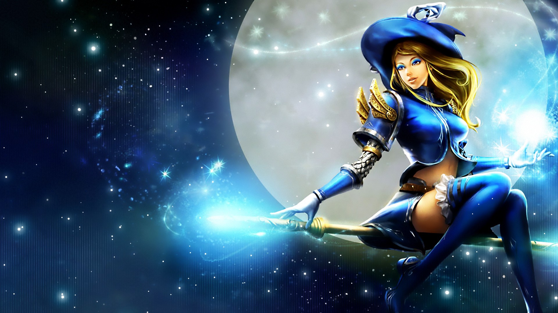 Lux from League of Legends on a broomstick HD Wallpaper