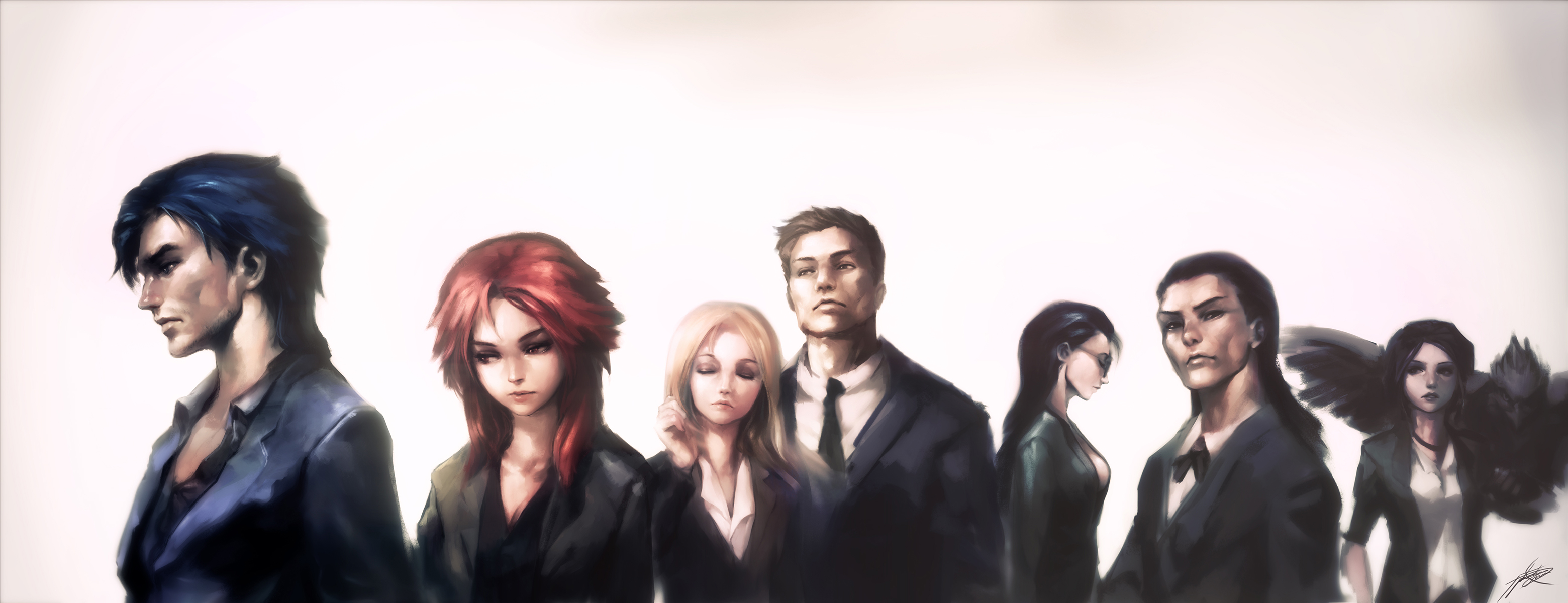 Group of people in suits with one having wings HD Wallpaper