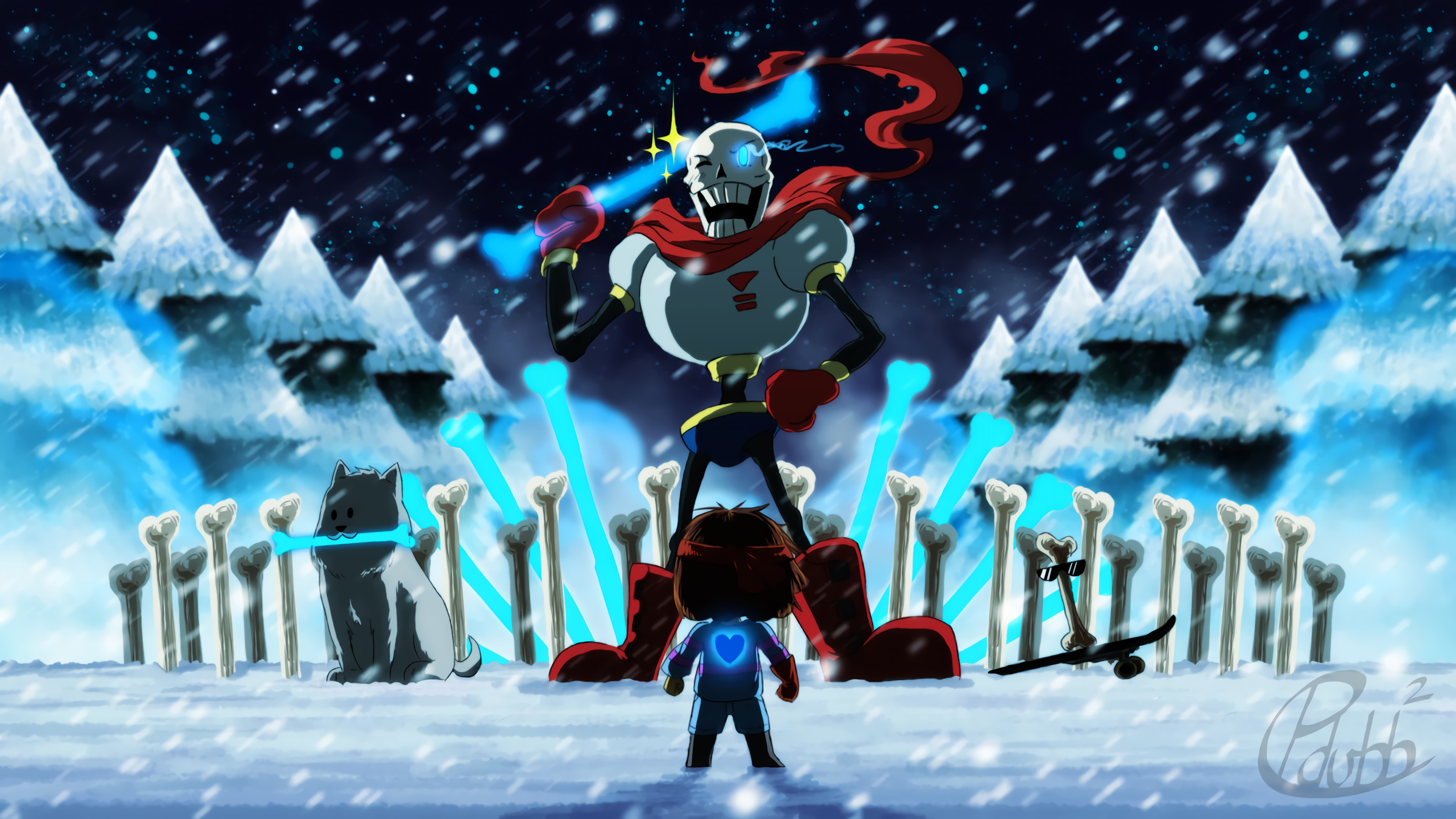 Papyrus and Frisk from Undertale in a snowy battle HD Wallpaper