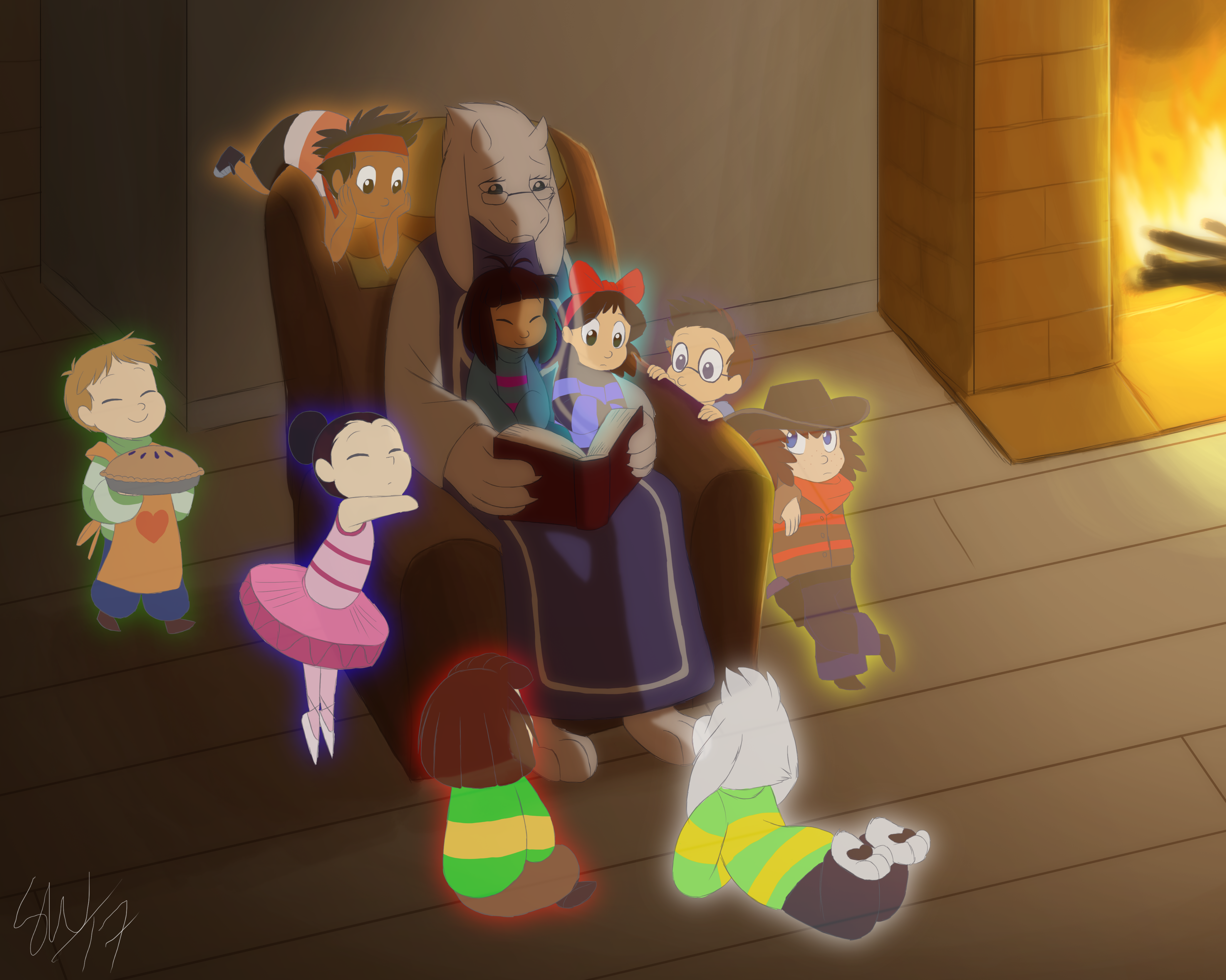 Toriel reading to children by fireplace HD Wallpaper