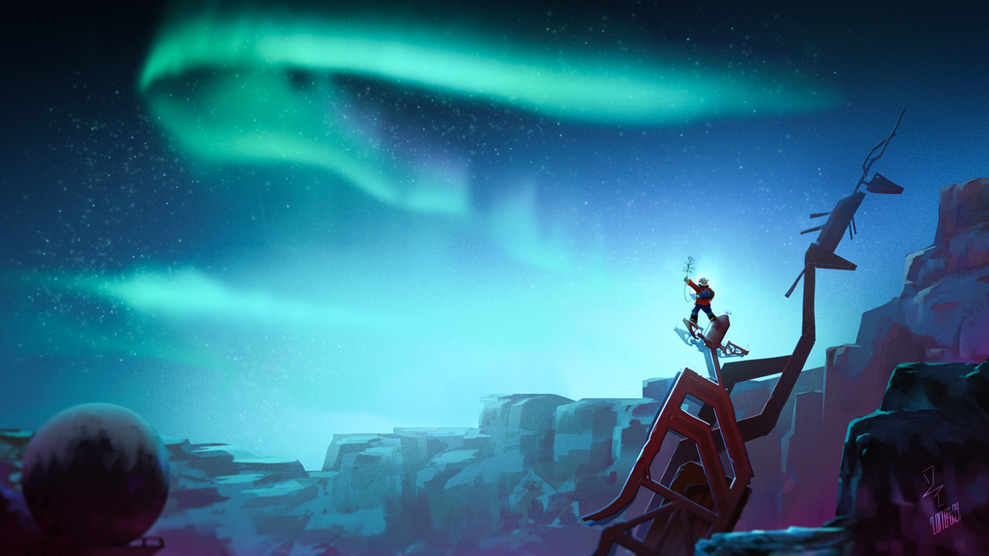 Mei from Overwatch standing on a structure under aurora HD Wallpaper