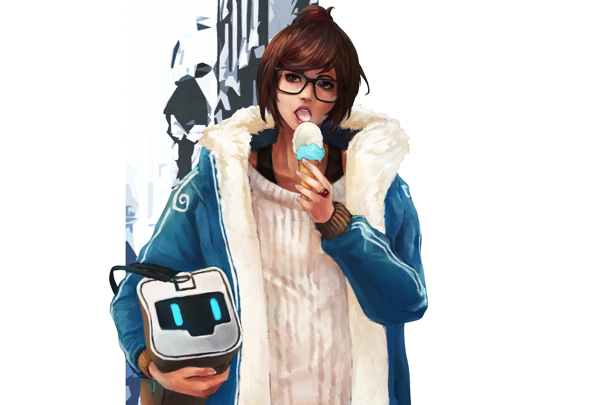 Mei from Overwatch eating ice cream with Bastion's head HD Wallpaper