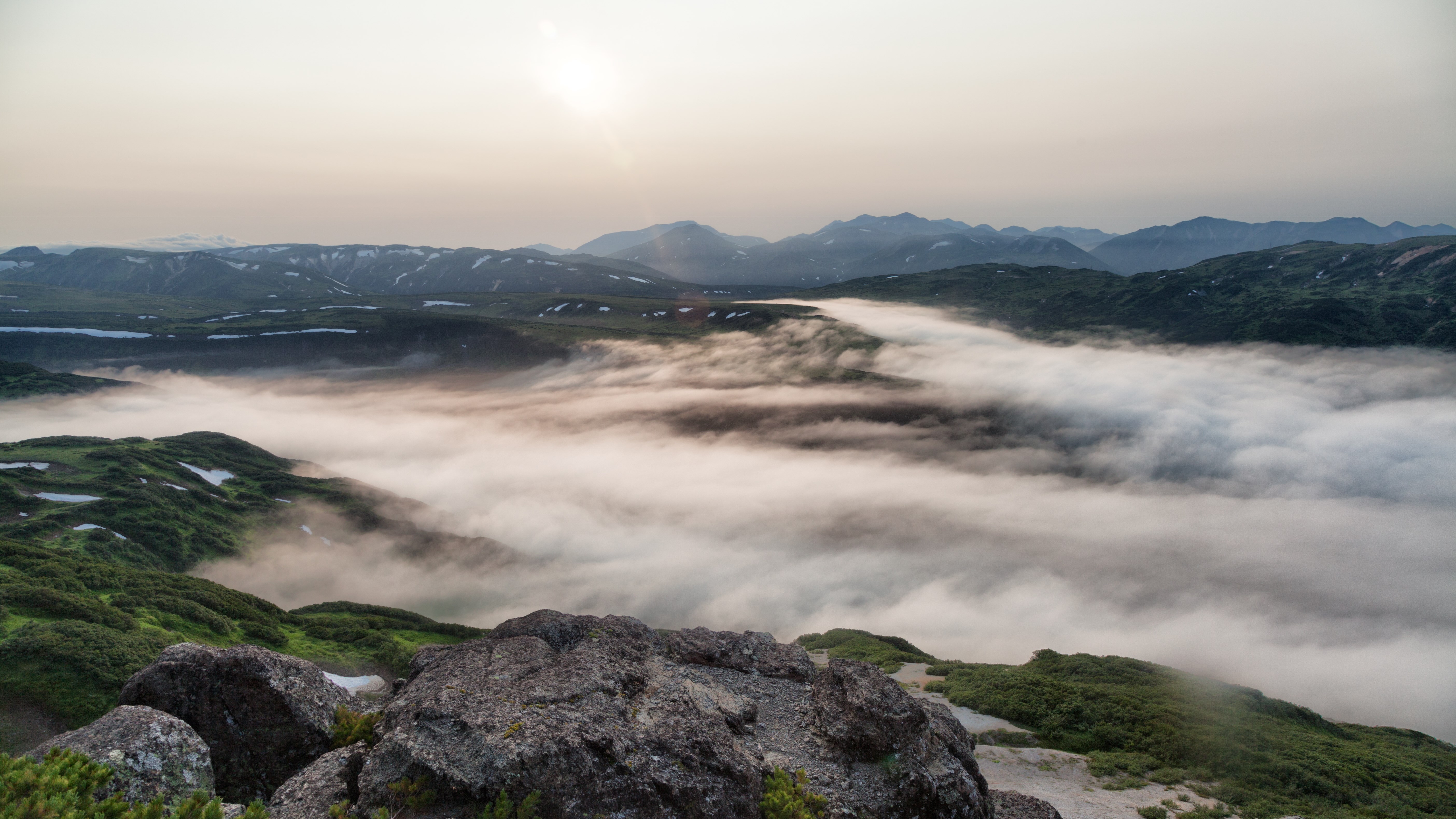 Foggy mountain valley at sunrise HD Wallpaper
