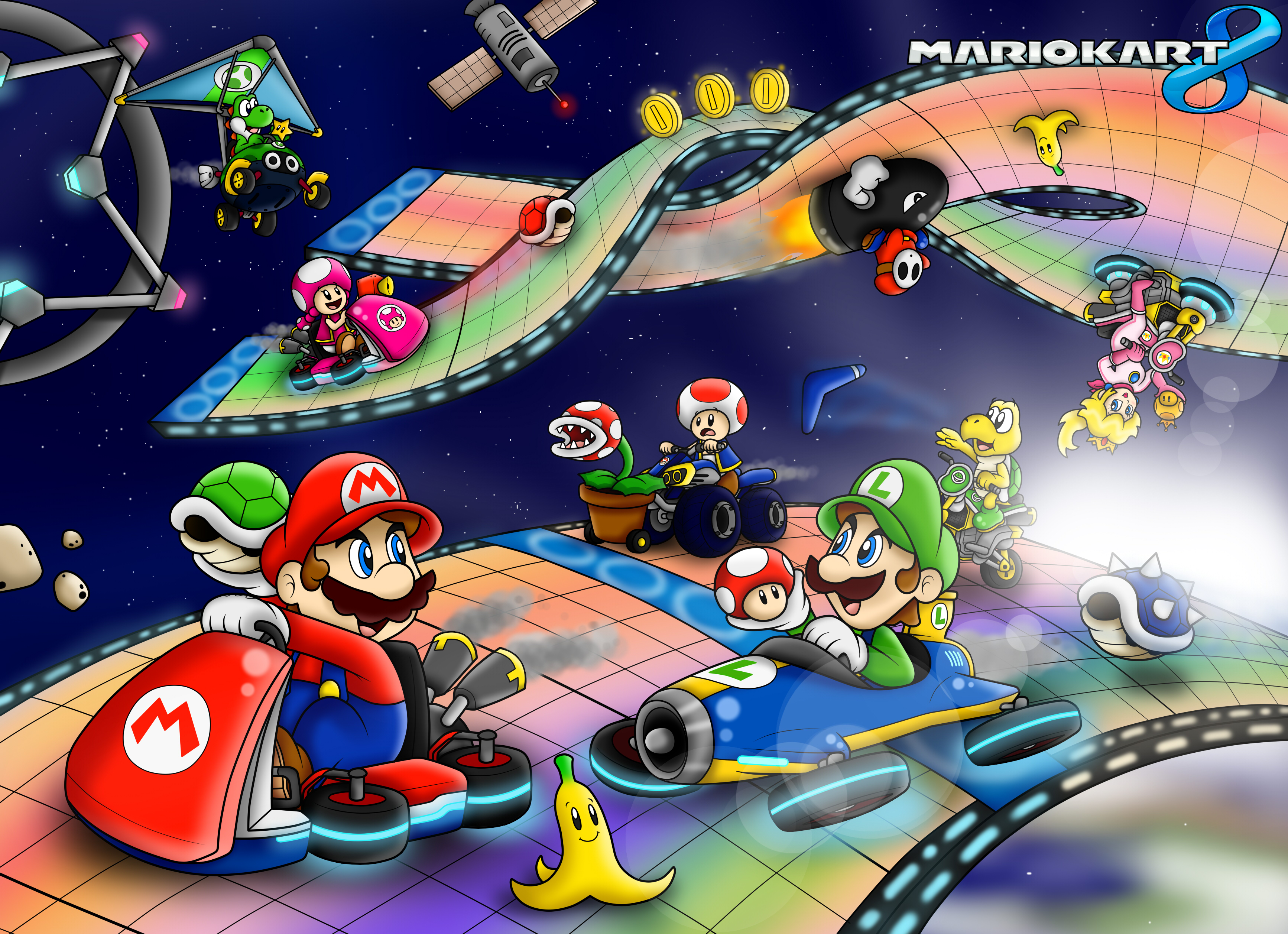 Mario Kart 8 characters racing in space HD Wallpaper