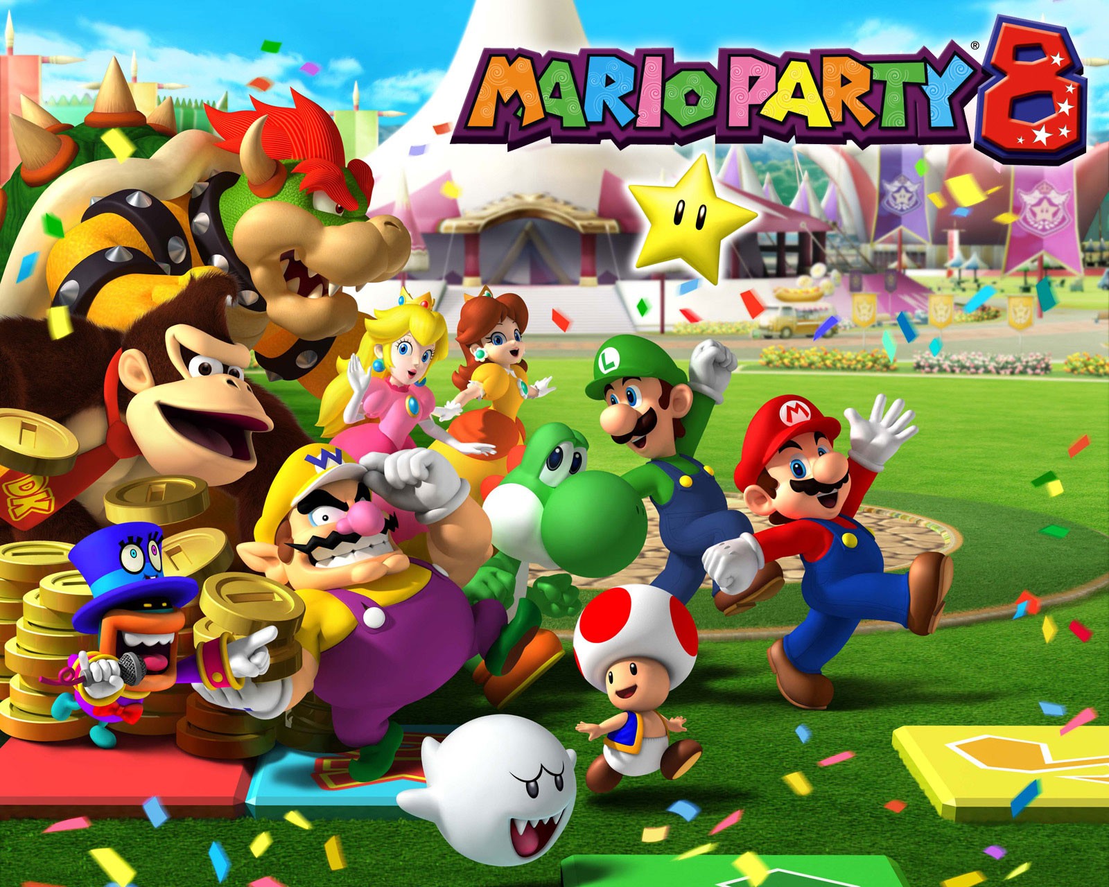 Mario Party 8 characters including Mario, Luigi, Yoshi, Wario, Donkey Kong, Bowser, Toad, Princess Peach, Princess Daisy, and Boo HD Wallpaper