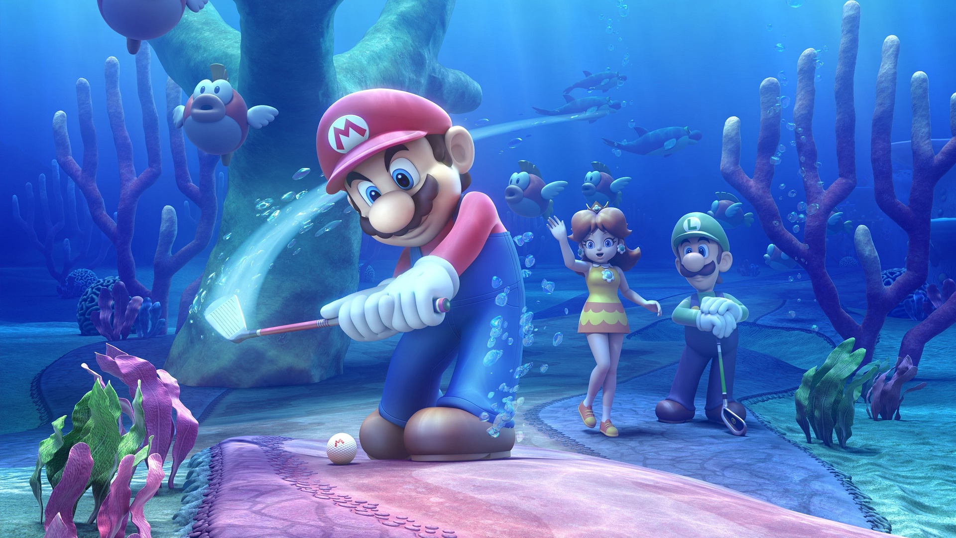 Mario Golf: Super Rush underwater scene with Mario, Luigi, and Daisy HD Wallpaper