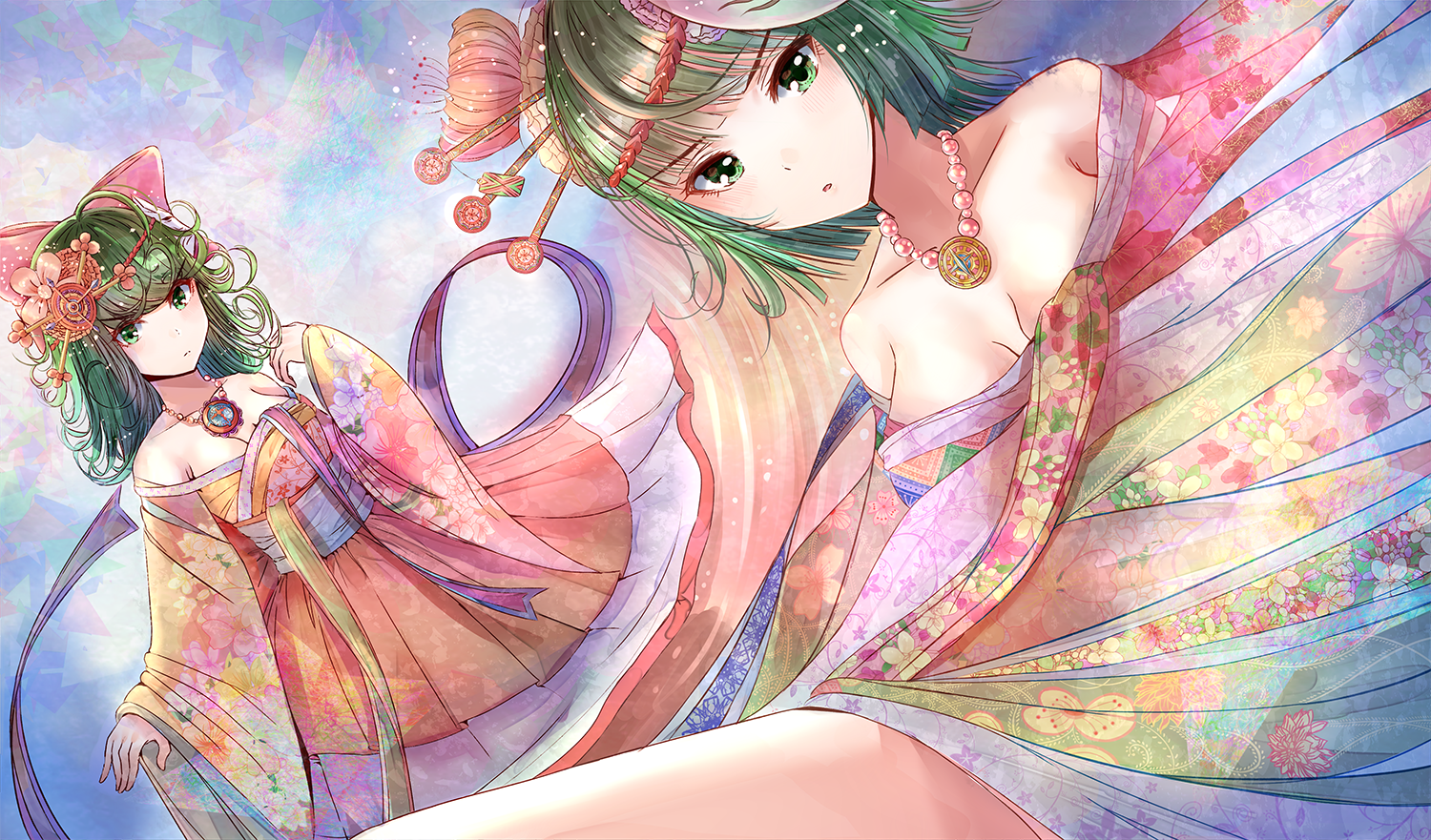 Two anime girls in kimonos HD Wallpaper