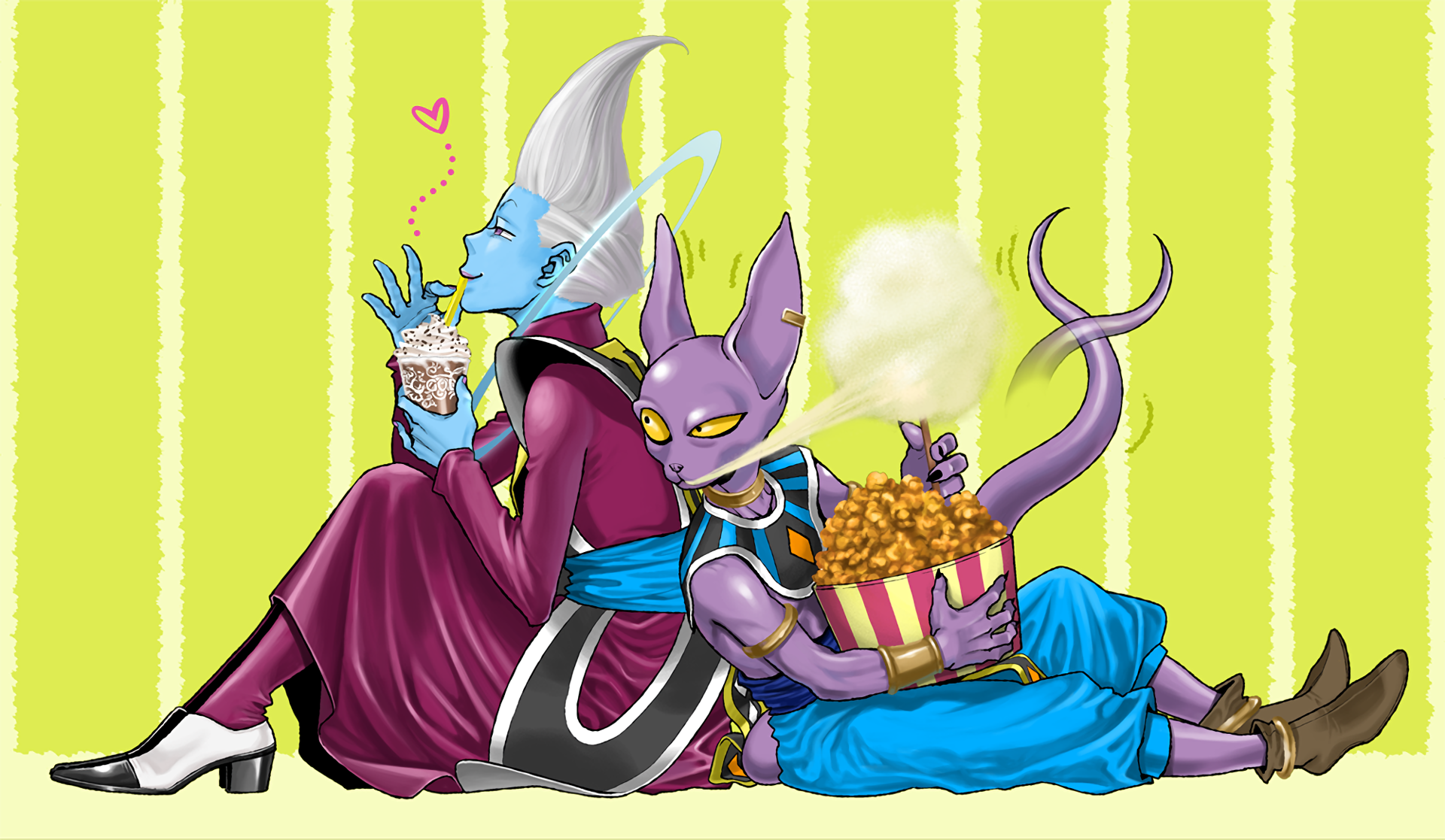 Whis and Beerus from Dragon Ball eating snacks HD Wallpaper