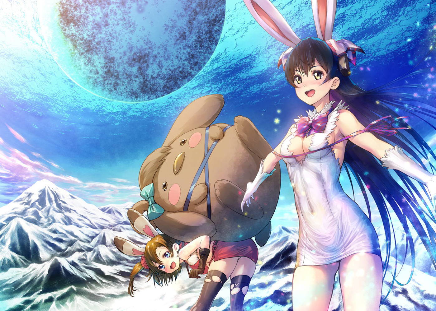 Two girls with bunny ears and a plush toy in a snowy landscape HD Wallpaper