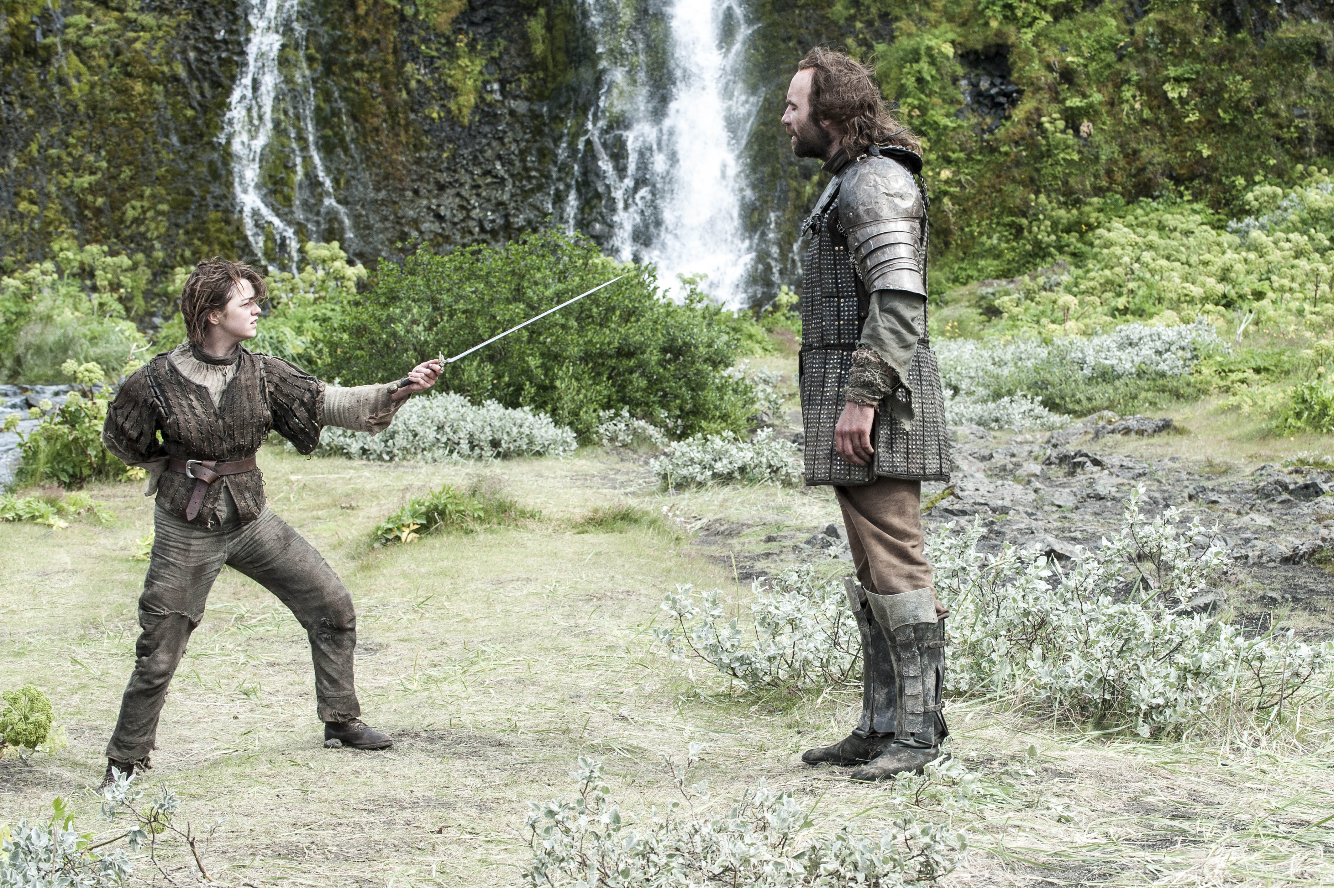 Arya Stark and Sandor Clegane training with swords HD Wallpaper