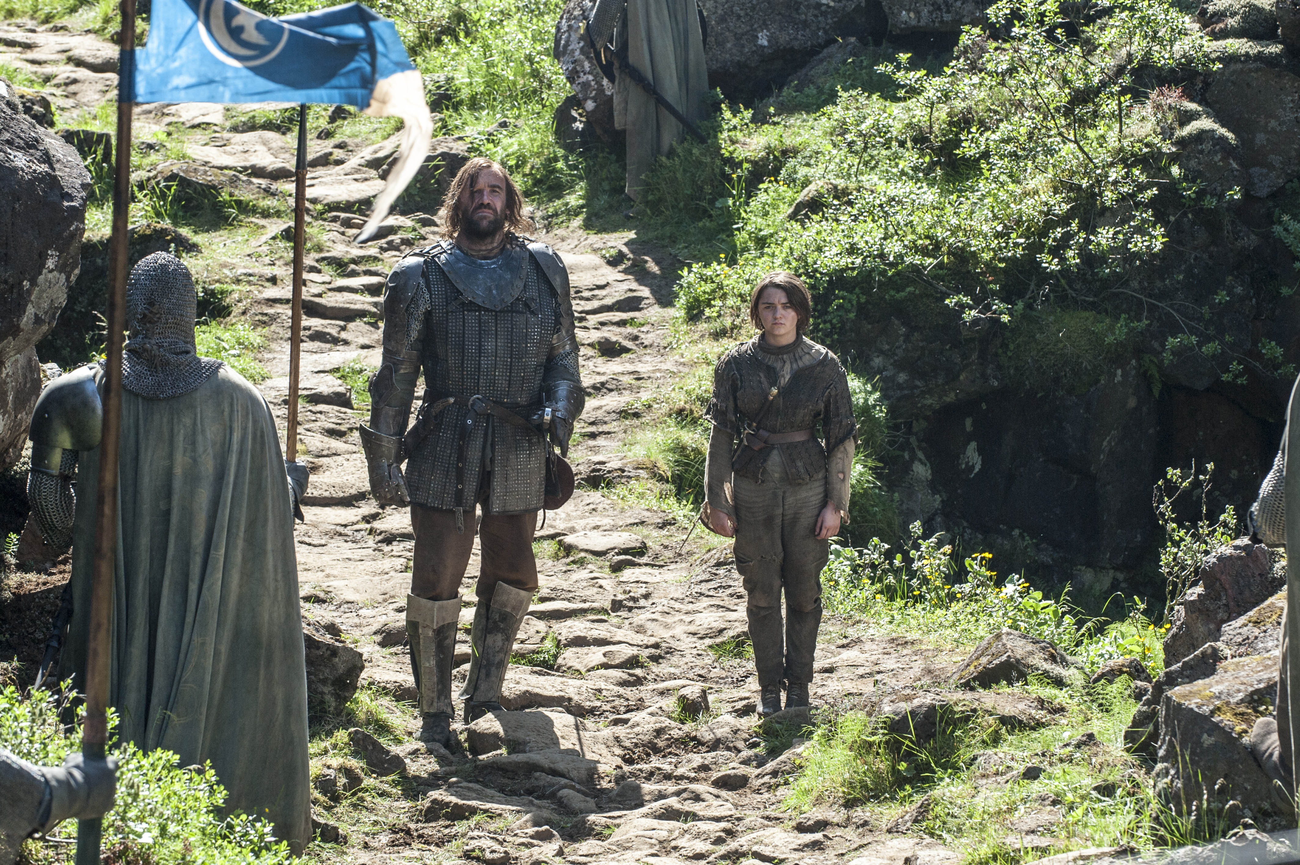 Sandor Clegane and Arya Stark on a rocky path HD Wallpaper