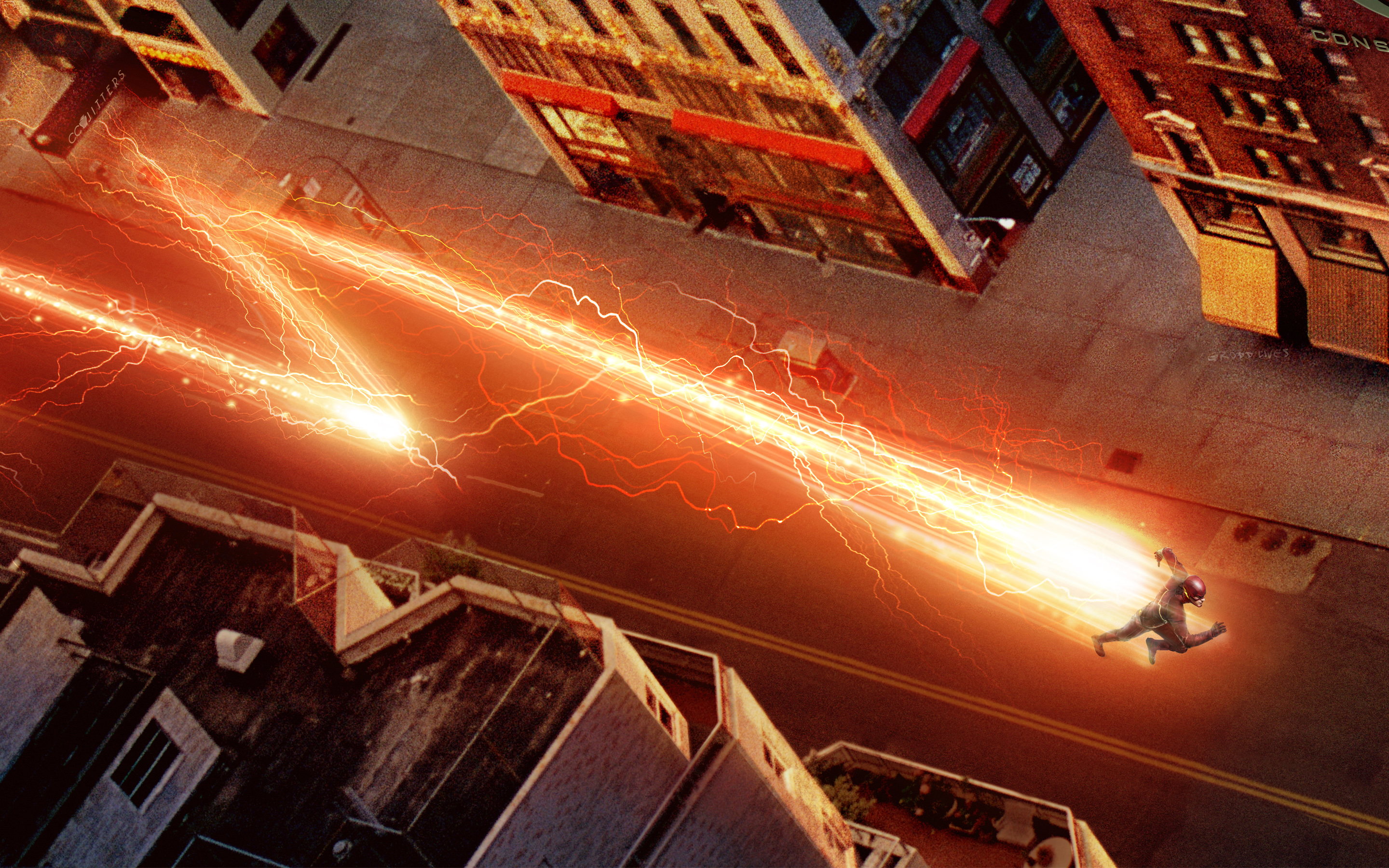 The Flash running through a city street HD Wallpaper