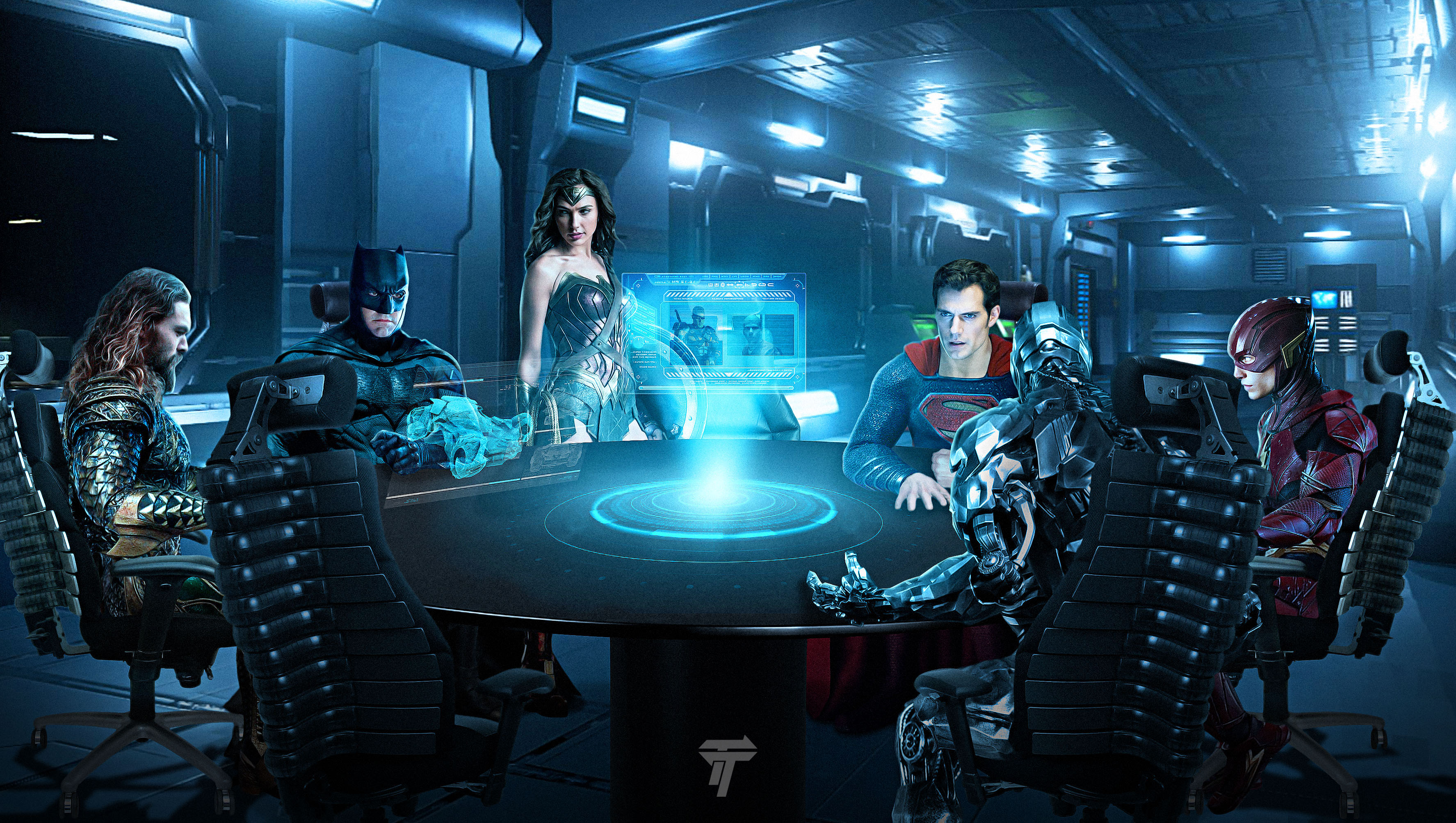 Justice League in a futuristic meeting room HD Wallpaper