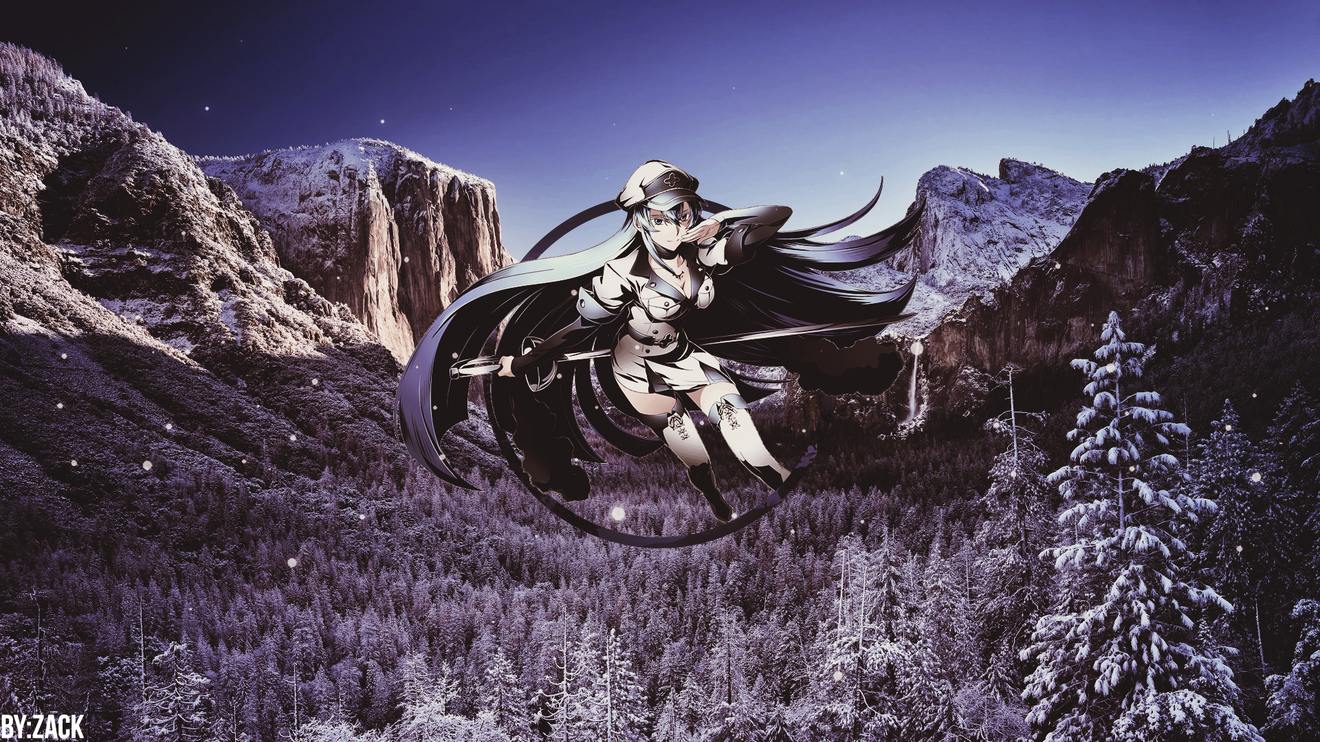 Esdeath from Akame Ga Kill! in a snowy mountain landscape HD Wallpaper