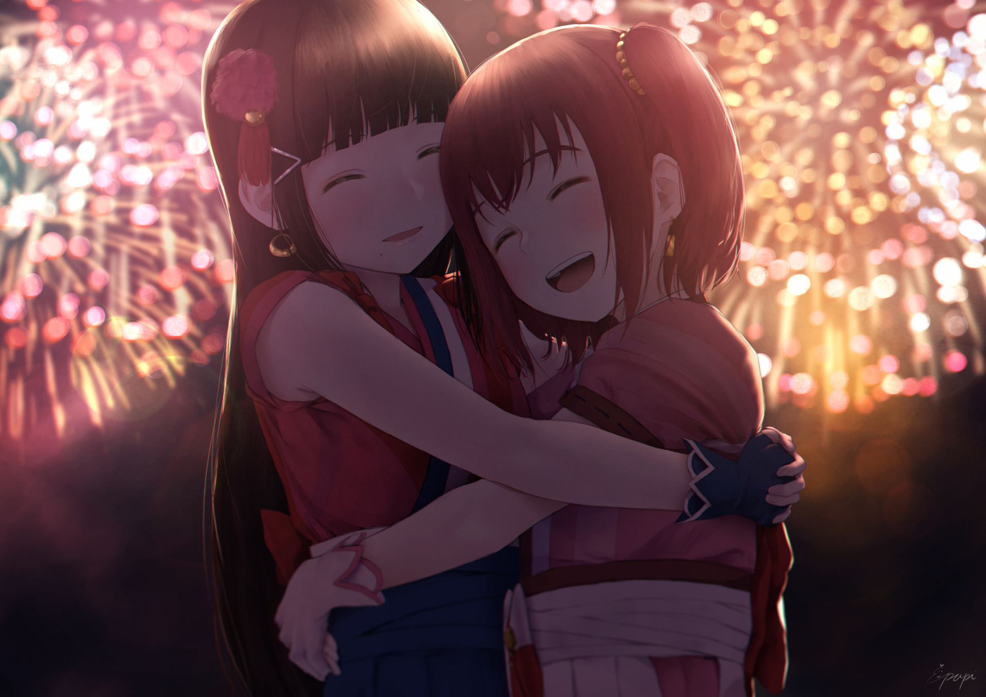 Dia Kurosawa hugging a friend during fireworks HD Wallpaper