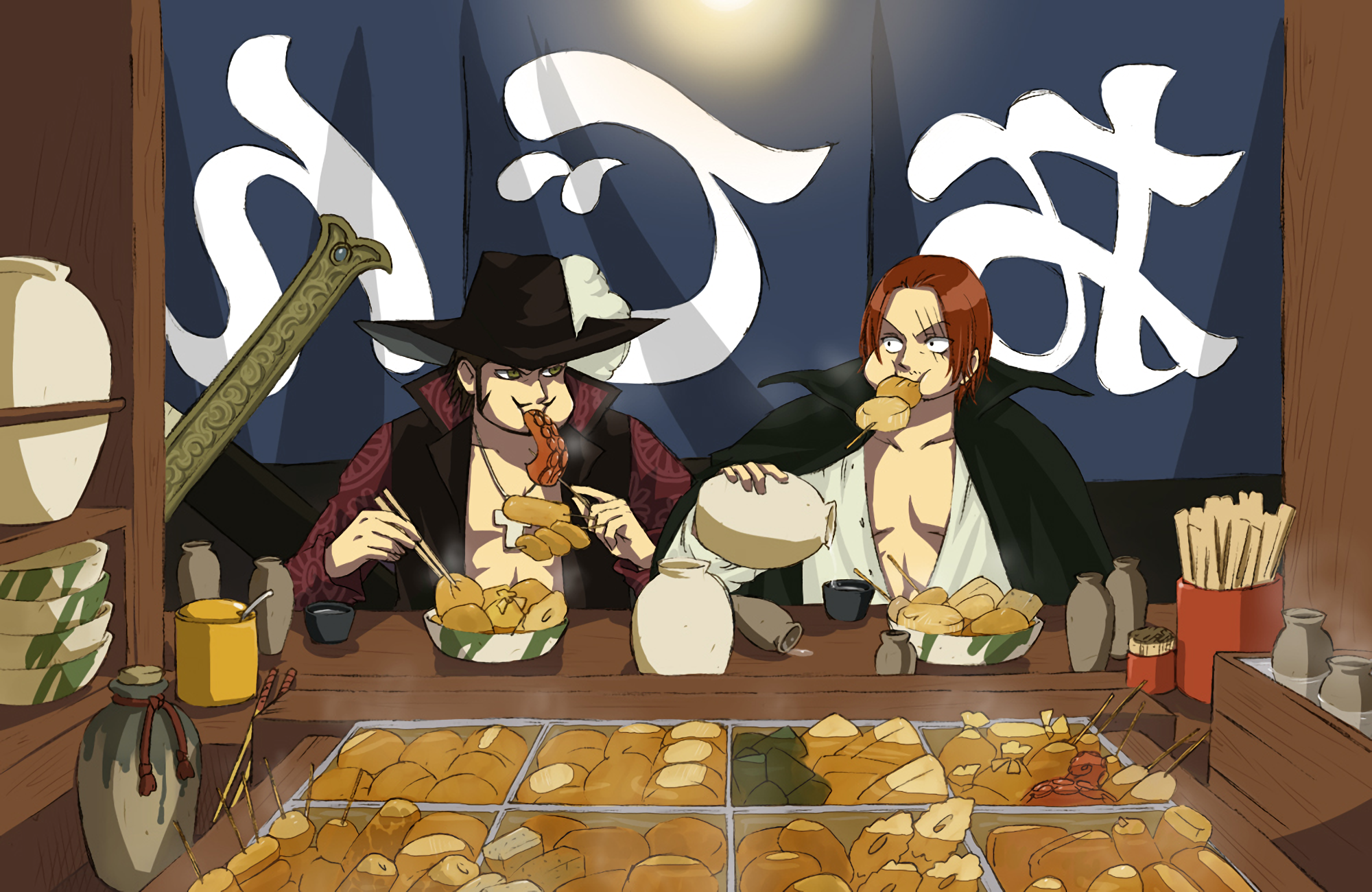 Shanks and Mihawk eating at a food stall HD Wallpaper