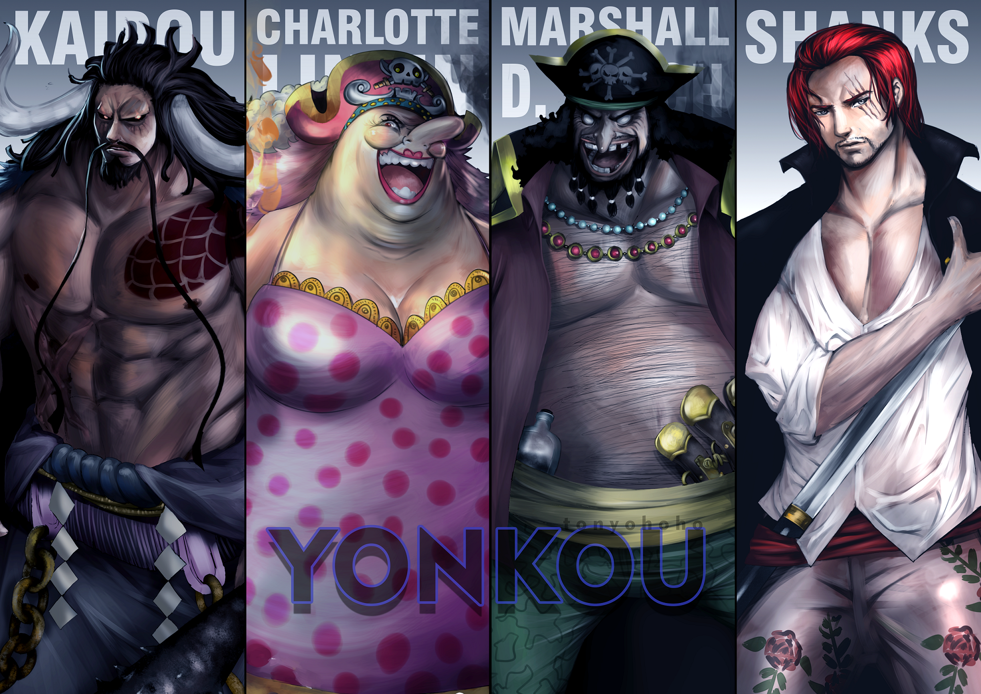 Four Yonkou from One Piece: Kaido, Big Mom, Blackbeard, Shanks HD Wallpaper