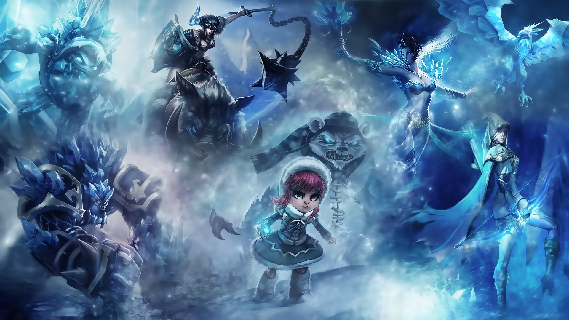League of Legends characters in a snowy environment HD Wallpaper