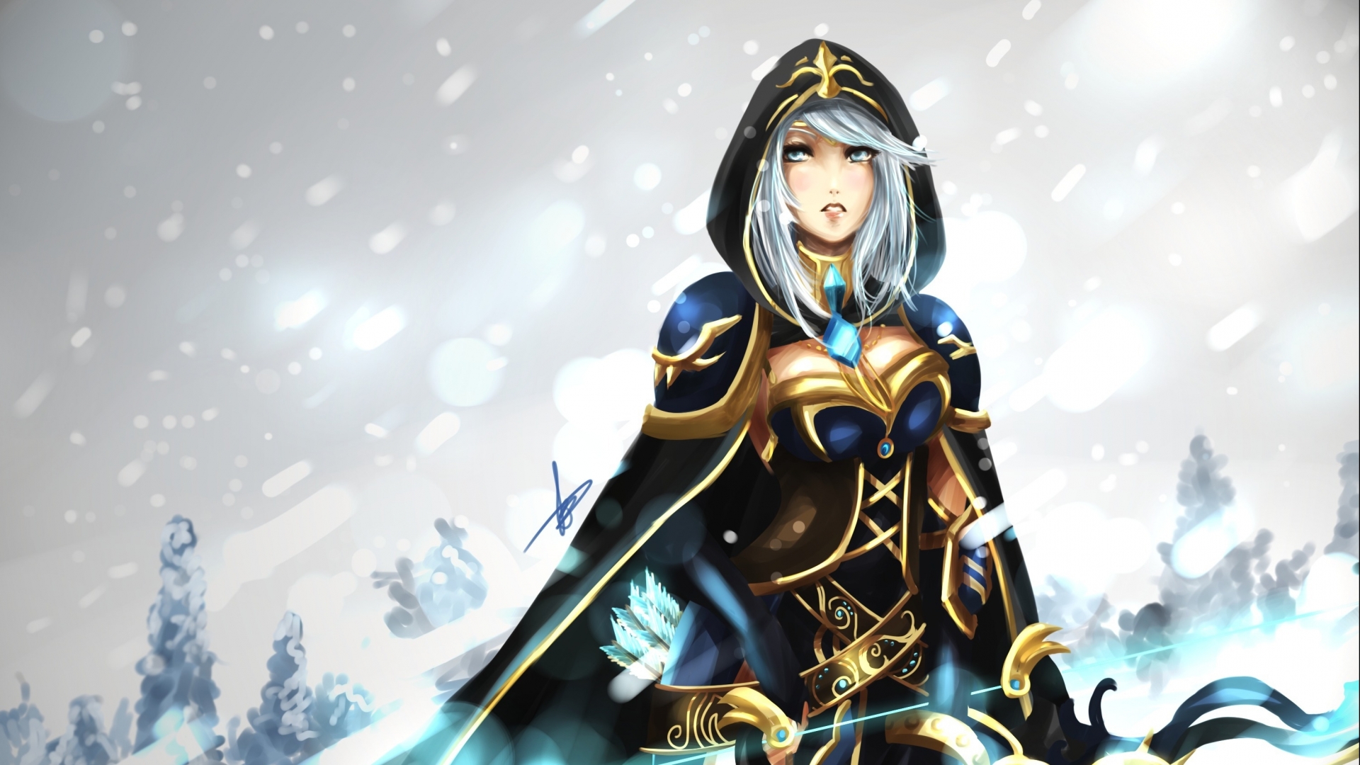 Ashe from League of Legends in a snowy environment HD Wallpaper