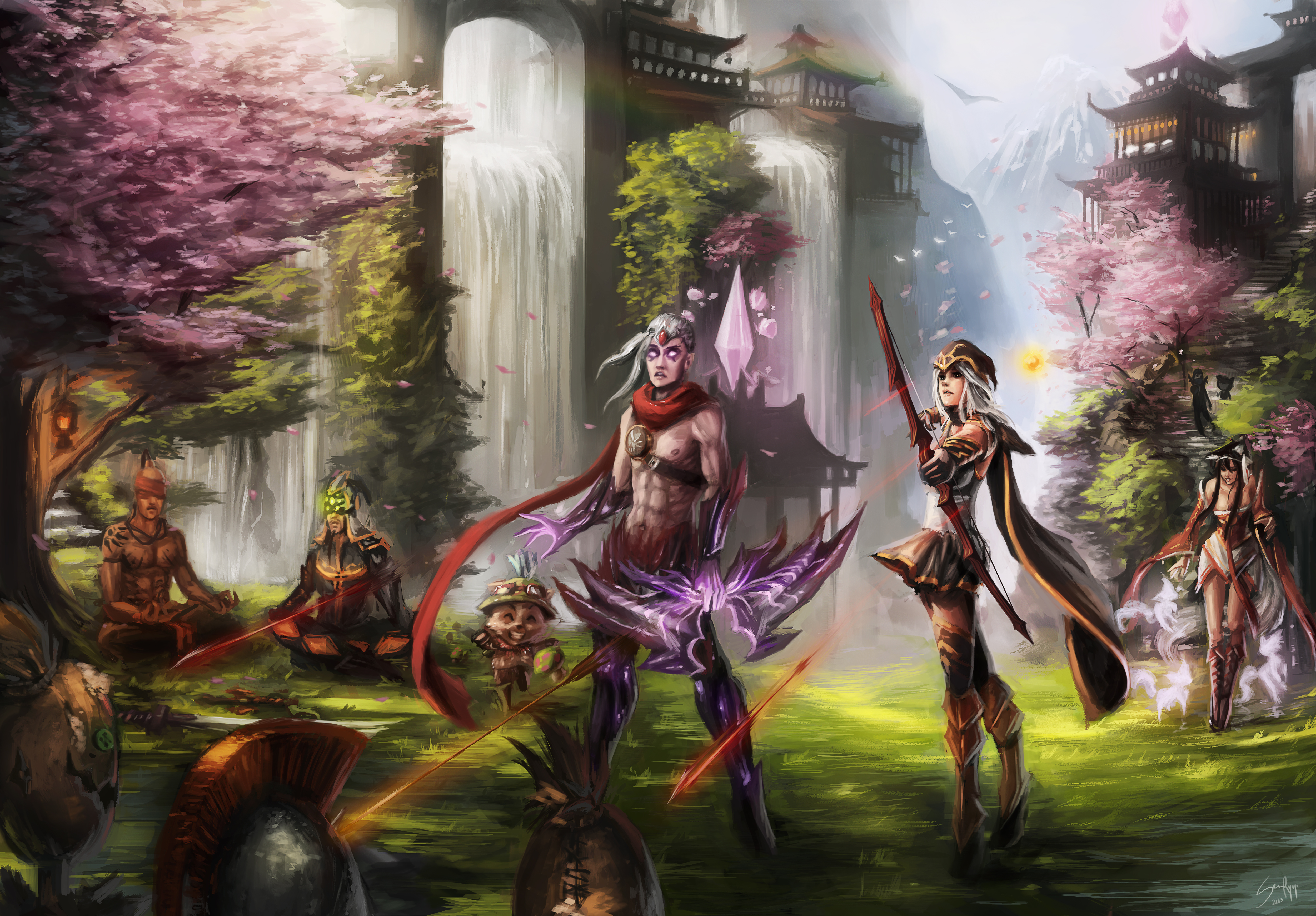 Ashe and companions in a fantasy landscape HD Wallpaper