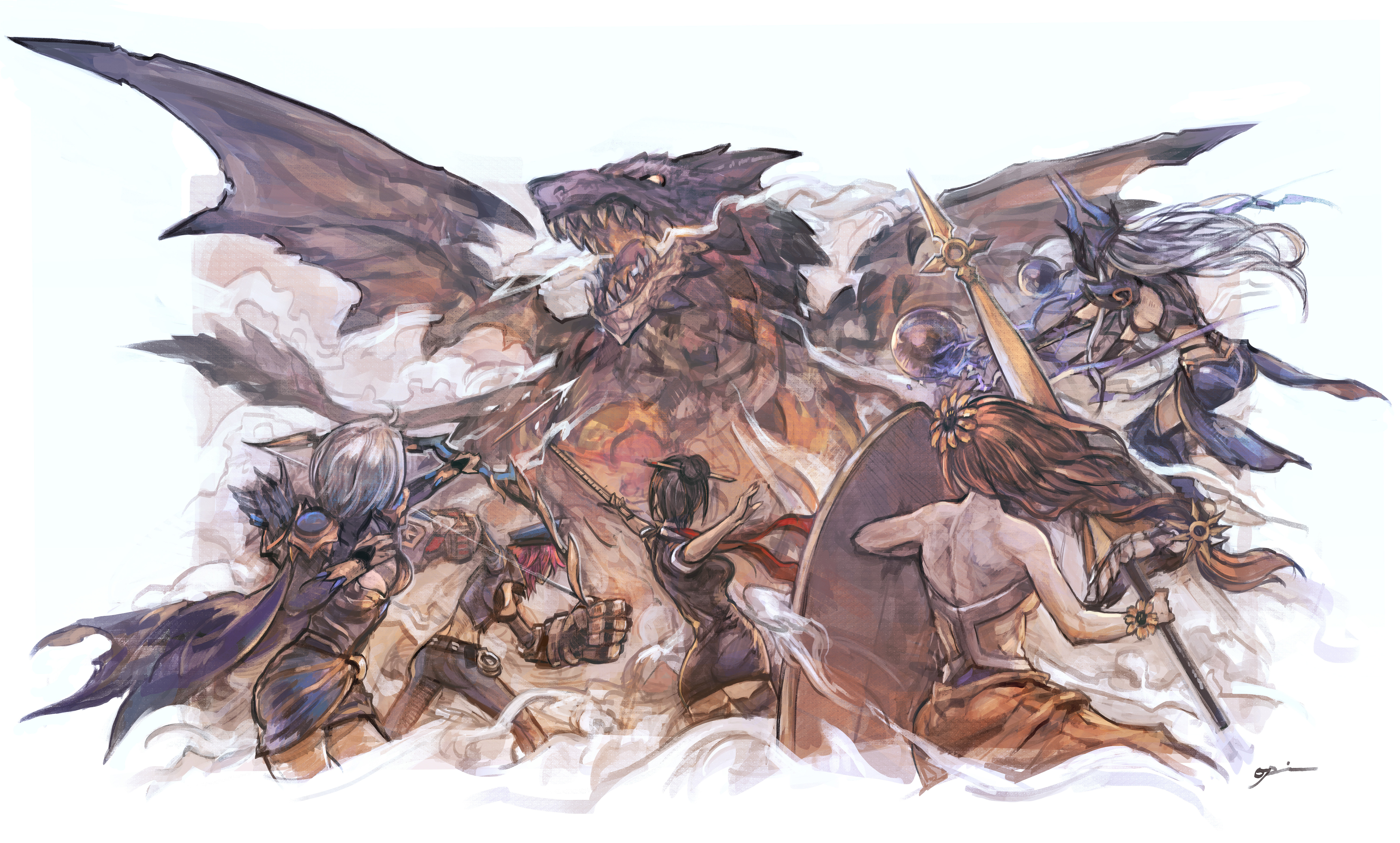 Dragon battle with fantasy characters HD Wallpaper