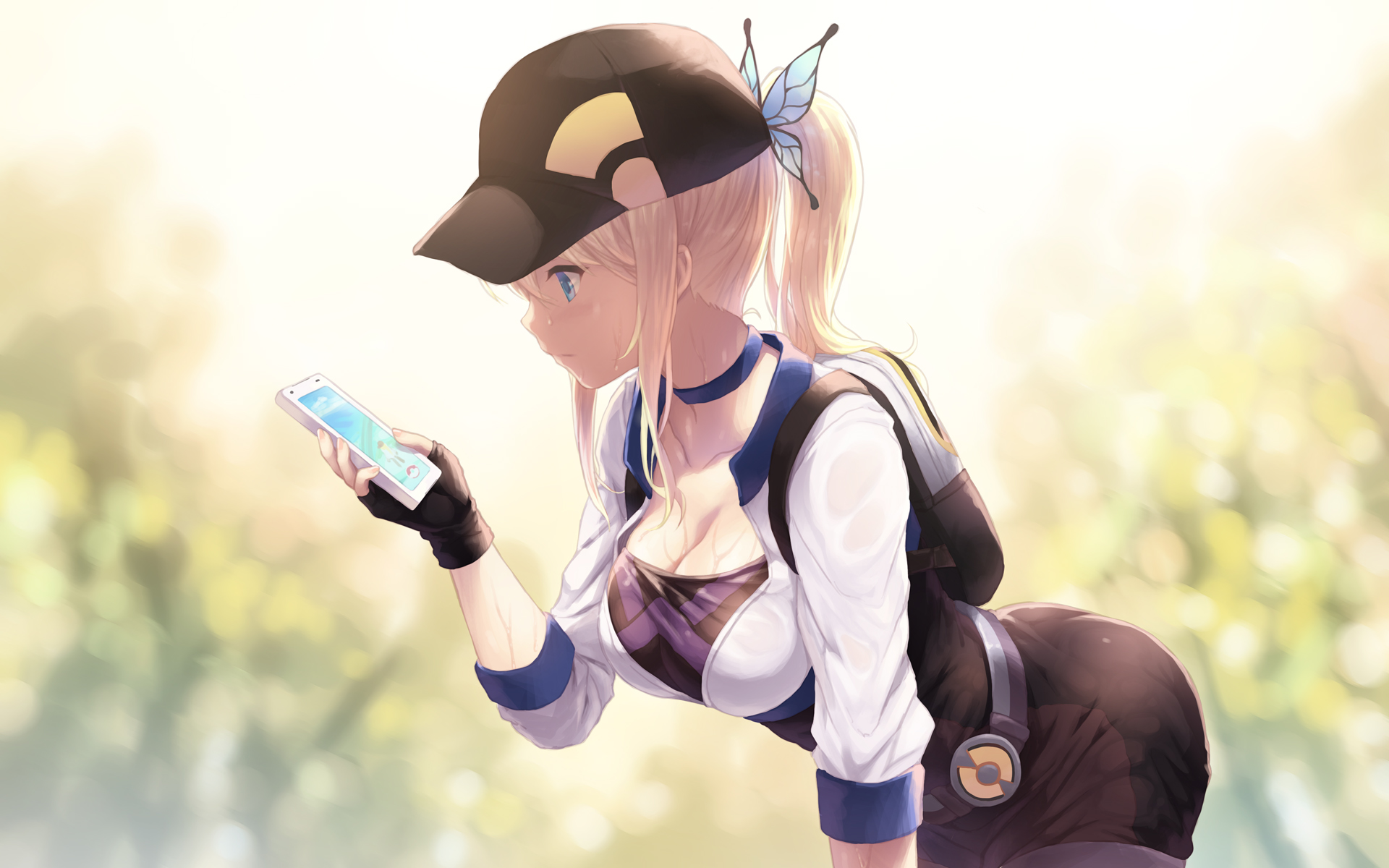 Girl with a cap and butterfly hair clip holding a phone HD Wallpaper
