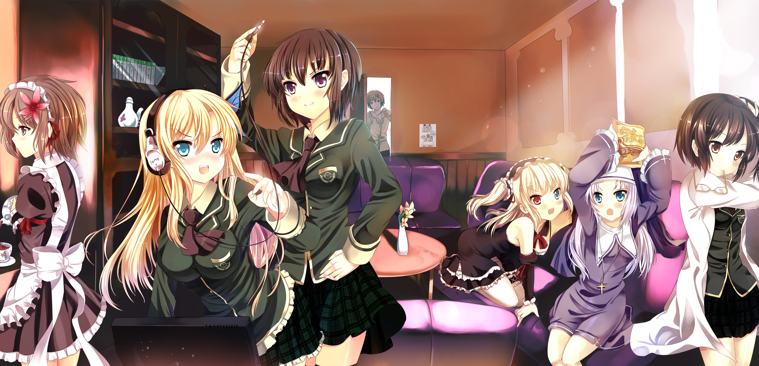 Group of anime girls in a room HD Wallpaper