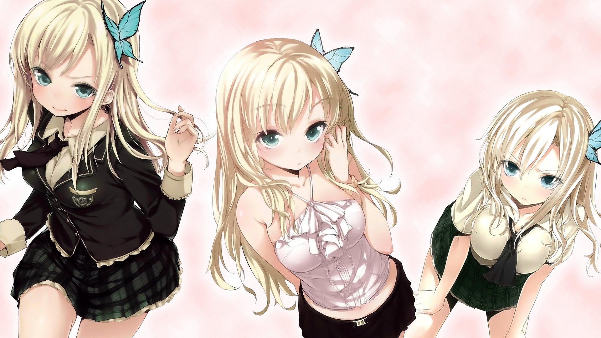 Three anime girls with blonde hair and blue eyes HD Wallpaper