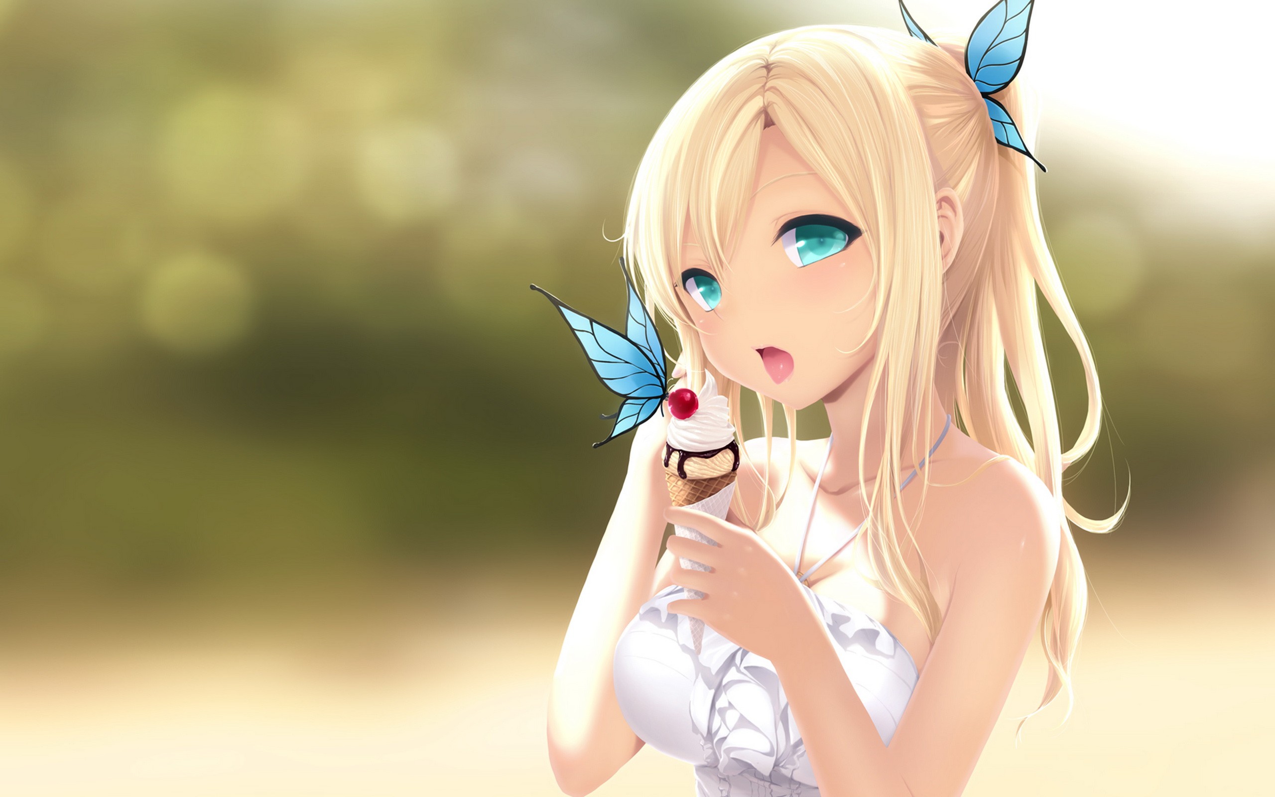 Sena Kashiwazaki eating ice cream with butterflies HD Wallpaper