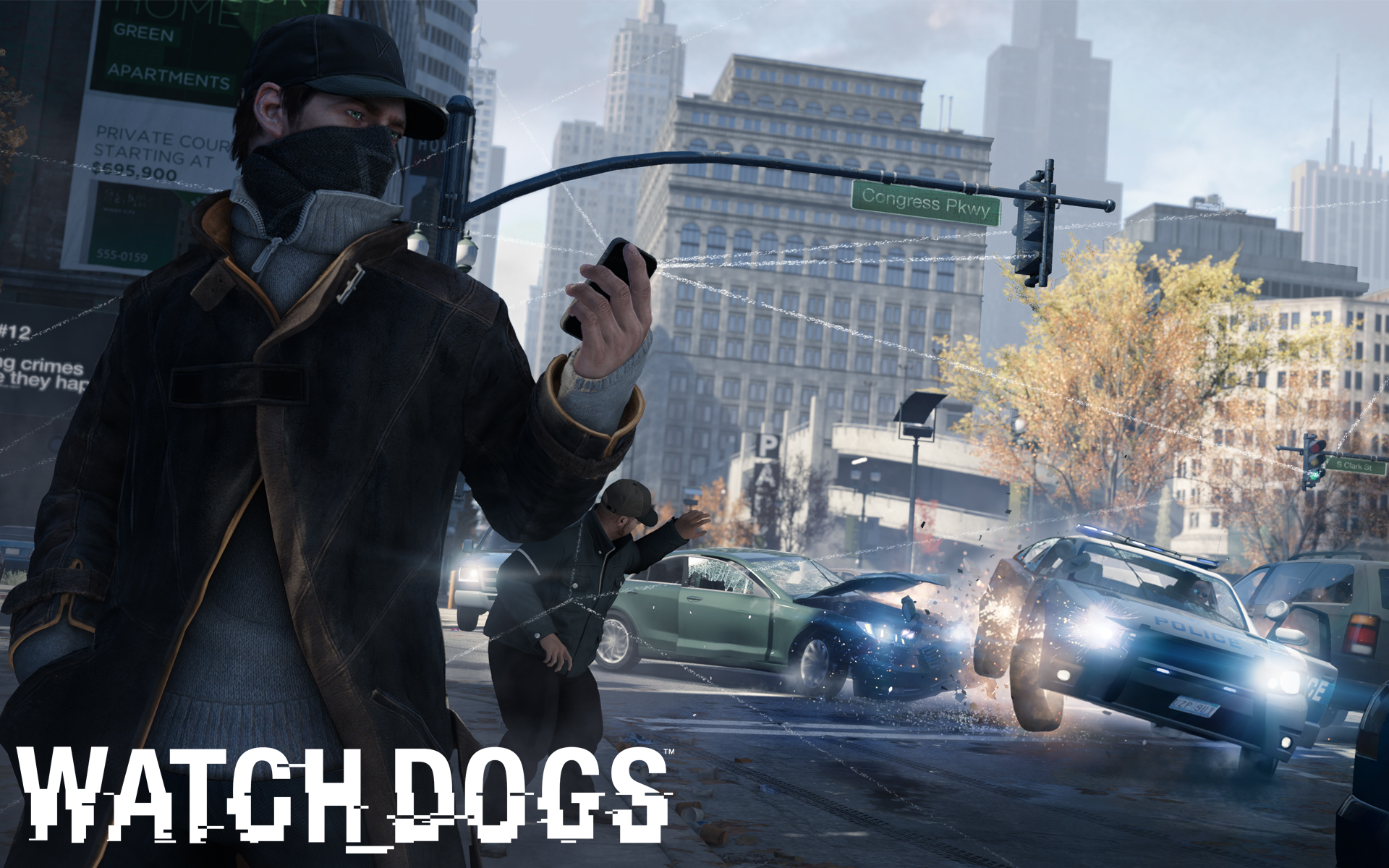 Aiden Pearce from Watch Dogs in a city street HD Wallpaper