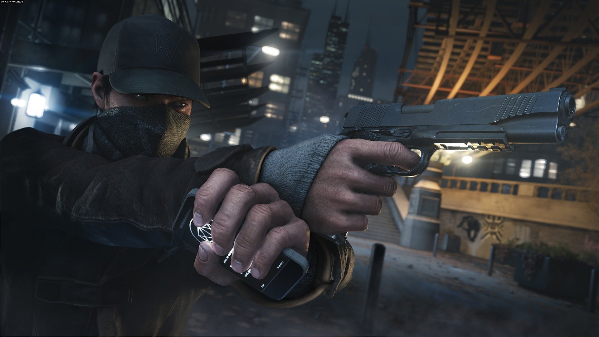 Aiden Pearce from Watch Dogs holding a gun and phone HD Wallpaper