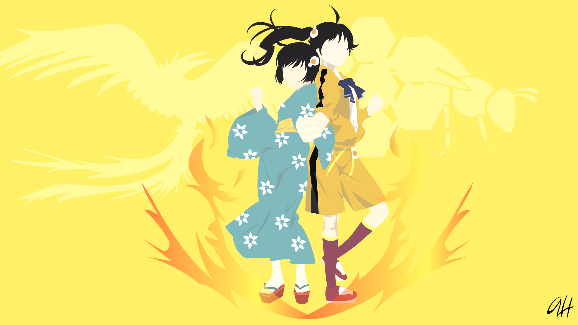 Karen Araragi and another girl with phoenix and bee HD Wallpaper