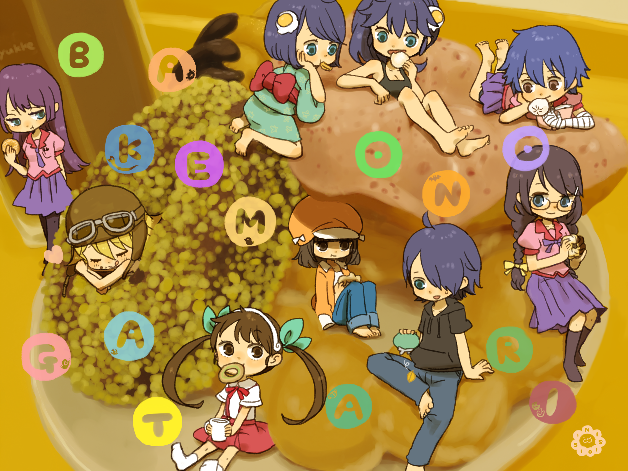Karen Araragi and friends on a dessert platter HD Wallpaper