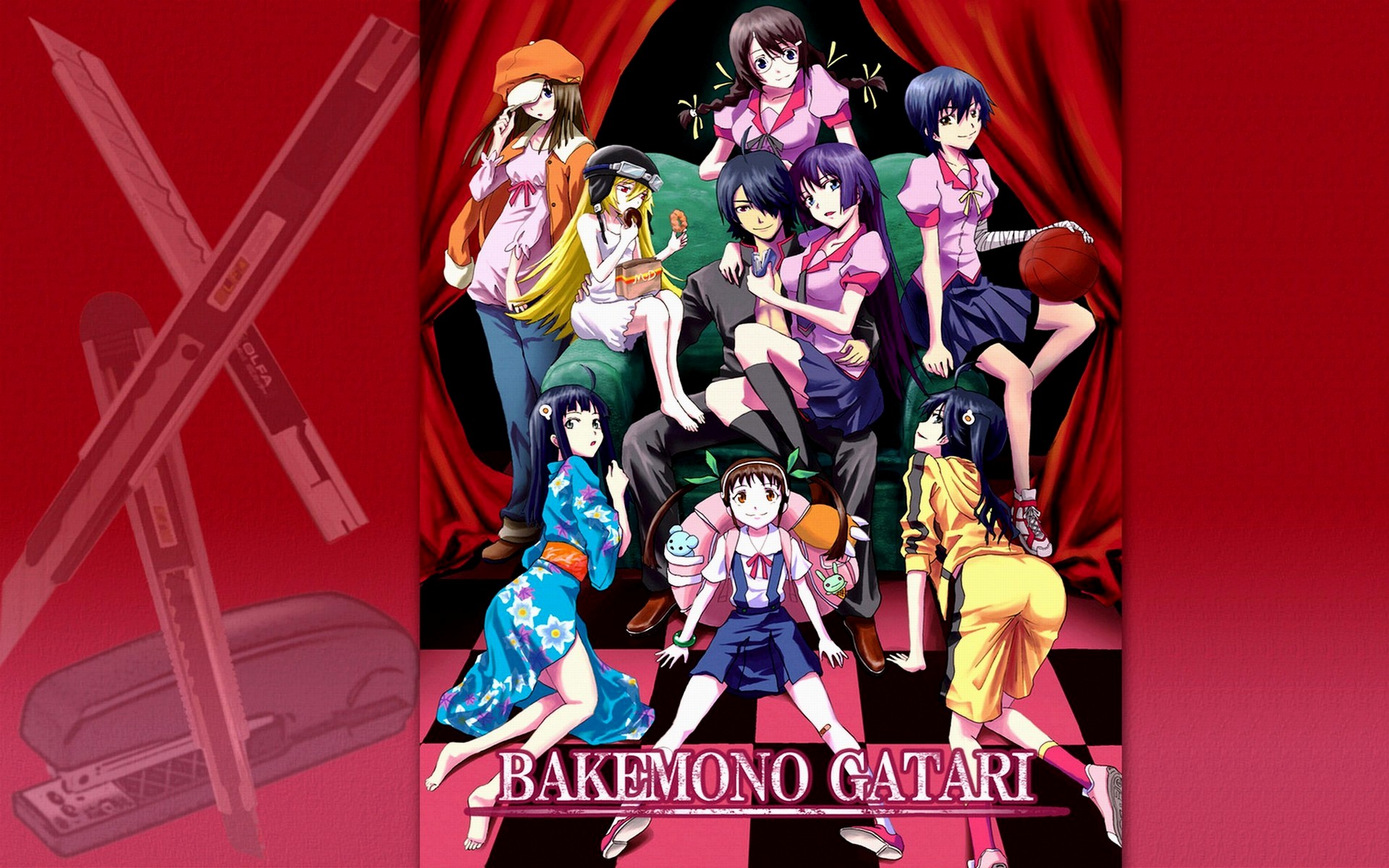 Bakemonogatari characters with stapler and cutters HD Wallpaper