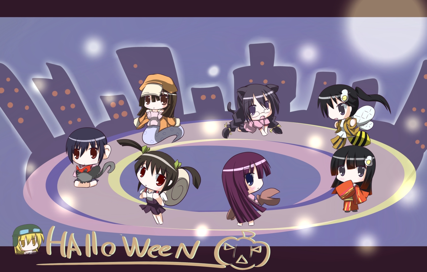 Chibi Characters in Halloween Costumes HD Wallpaper
